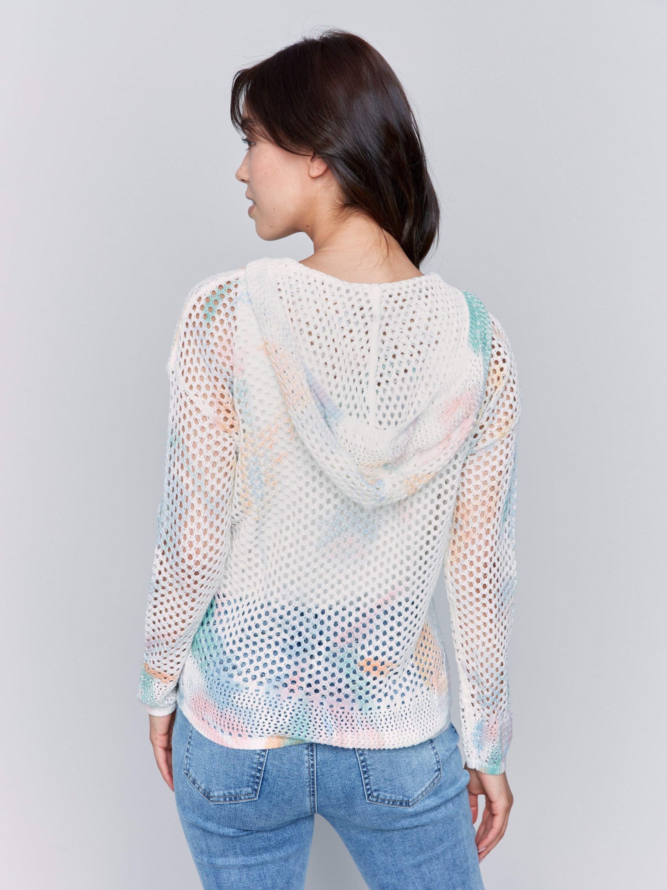 Printed Fishnet Crochet Hoodie Sweater - Pastel