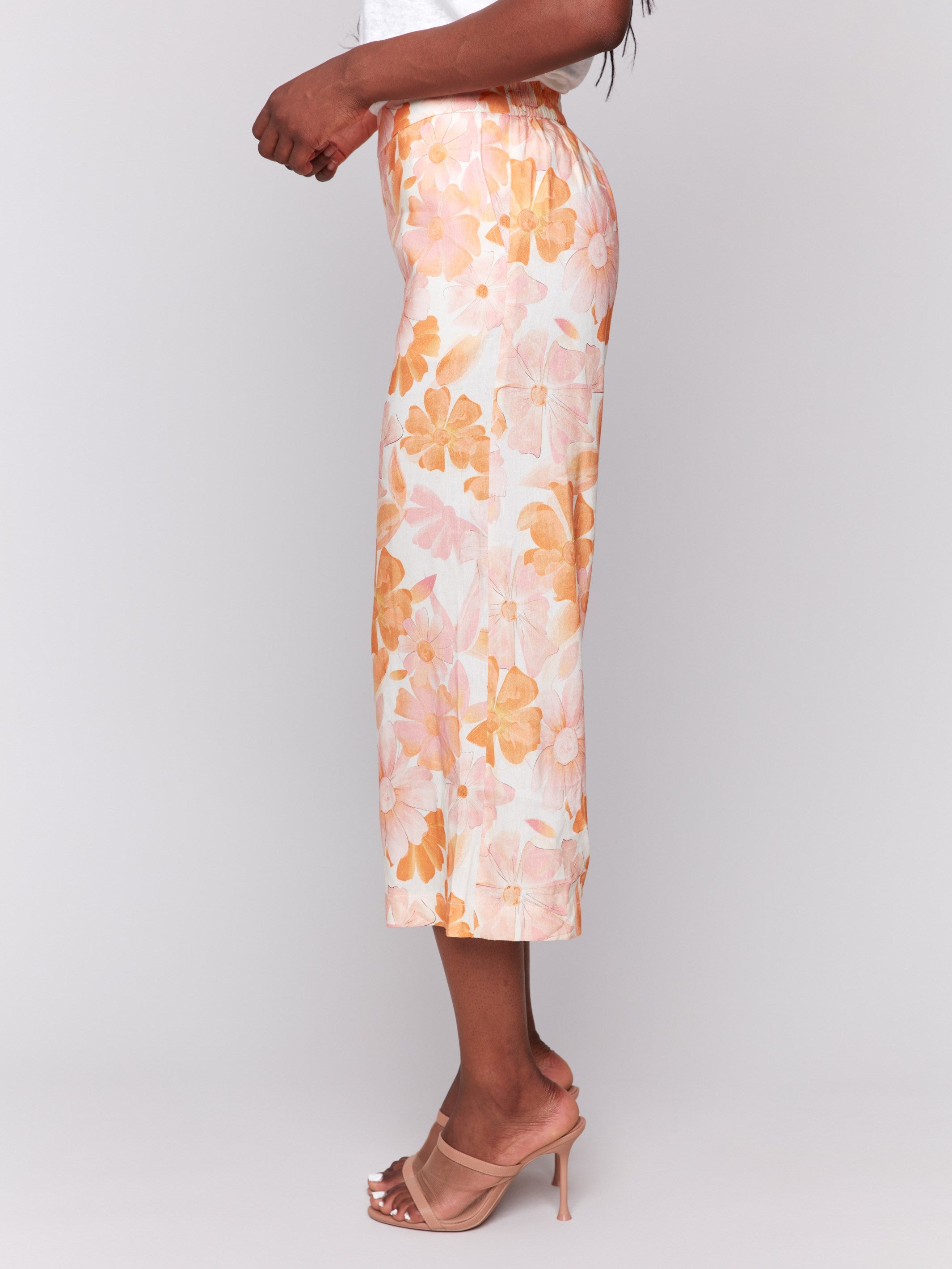 Printed Linen Blend Cropped Pull-On Pants - Blooming