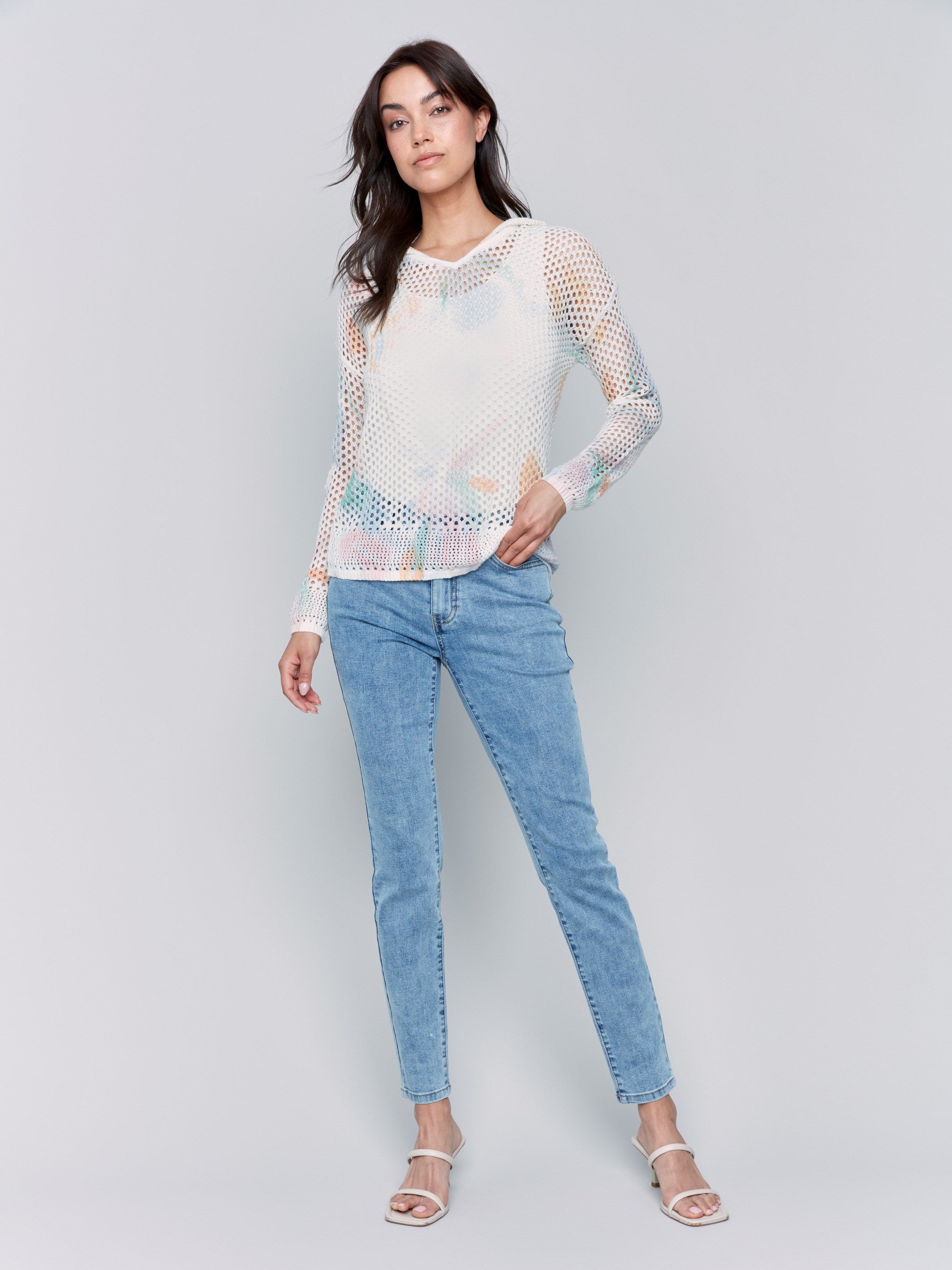 Printed Fishnet Crochet Hoodie Sweater - Pastel