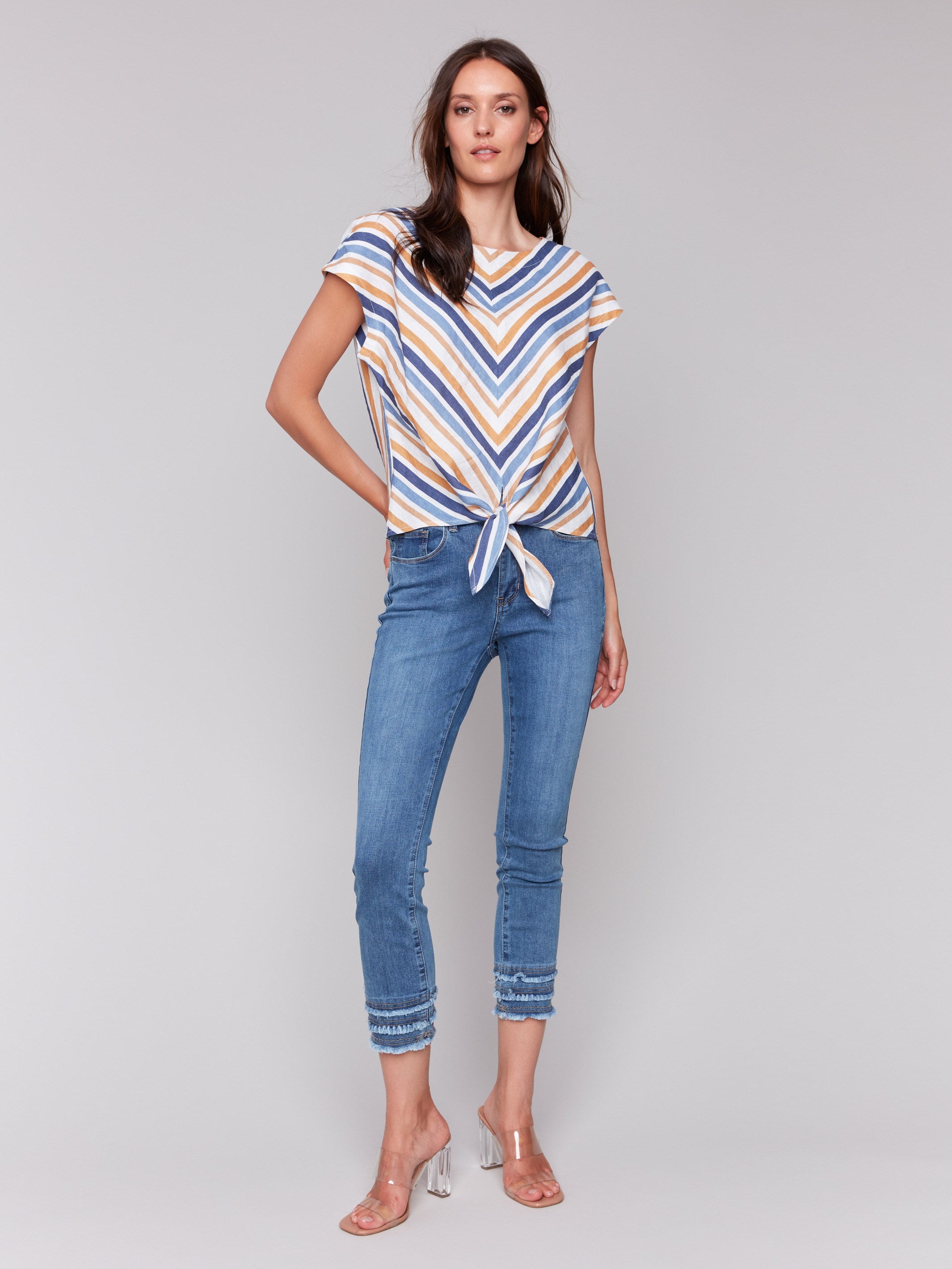Striped Linen Blend Tie-Front Blouse - Denim