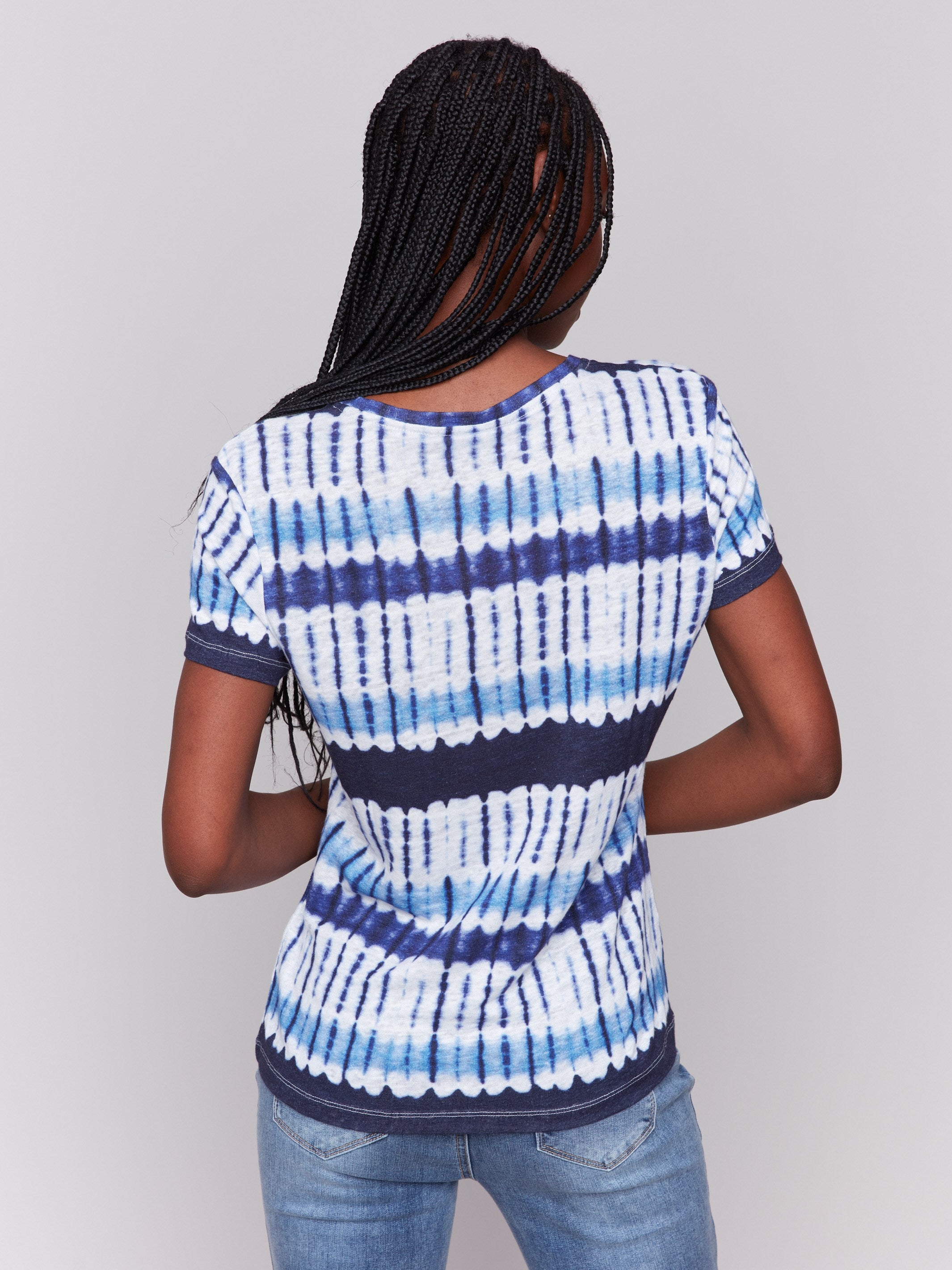 Printed Linen Blend V-Neck T-Shirt - Riviera