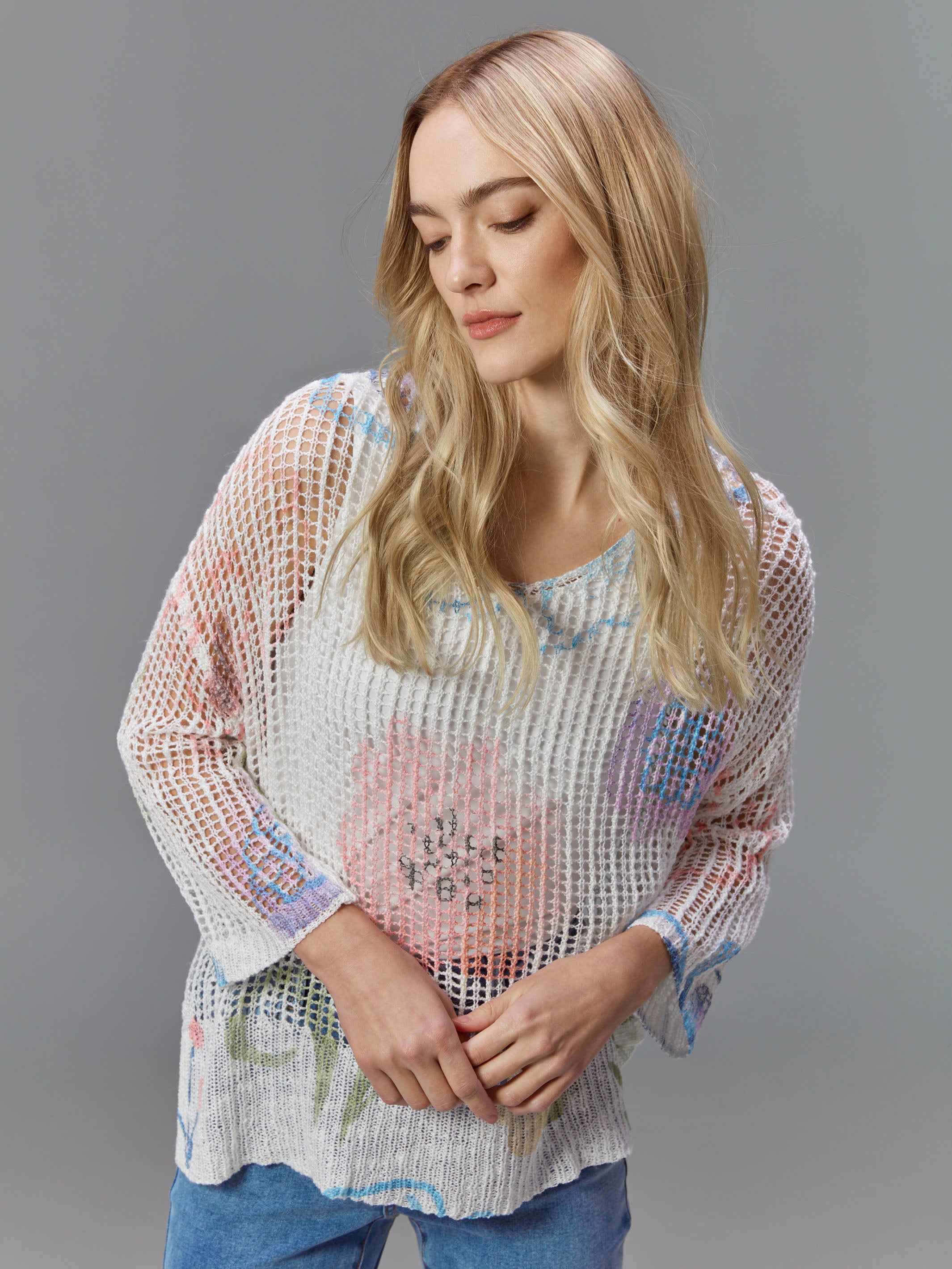 Printed Fishnet Crochet Sweater - Watercolor