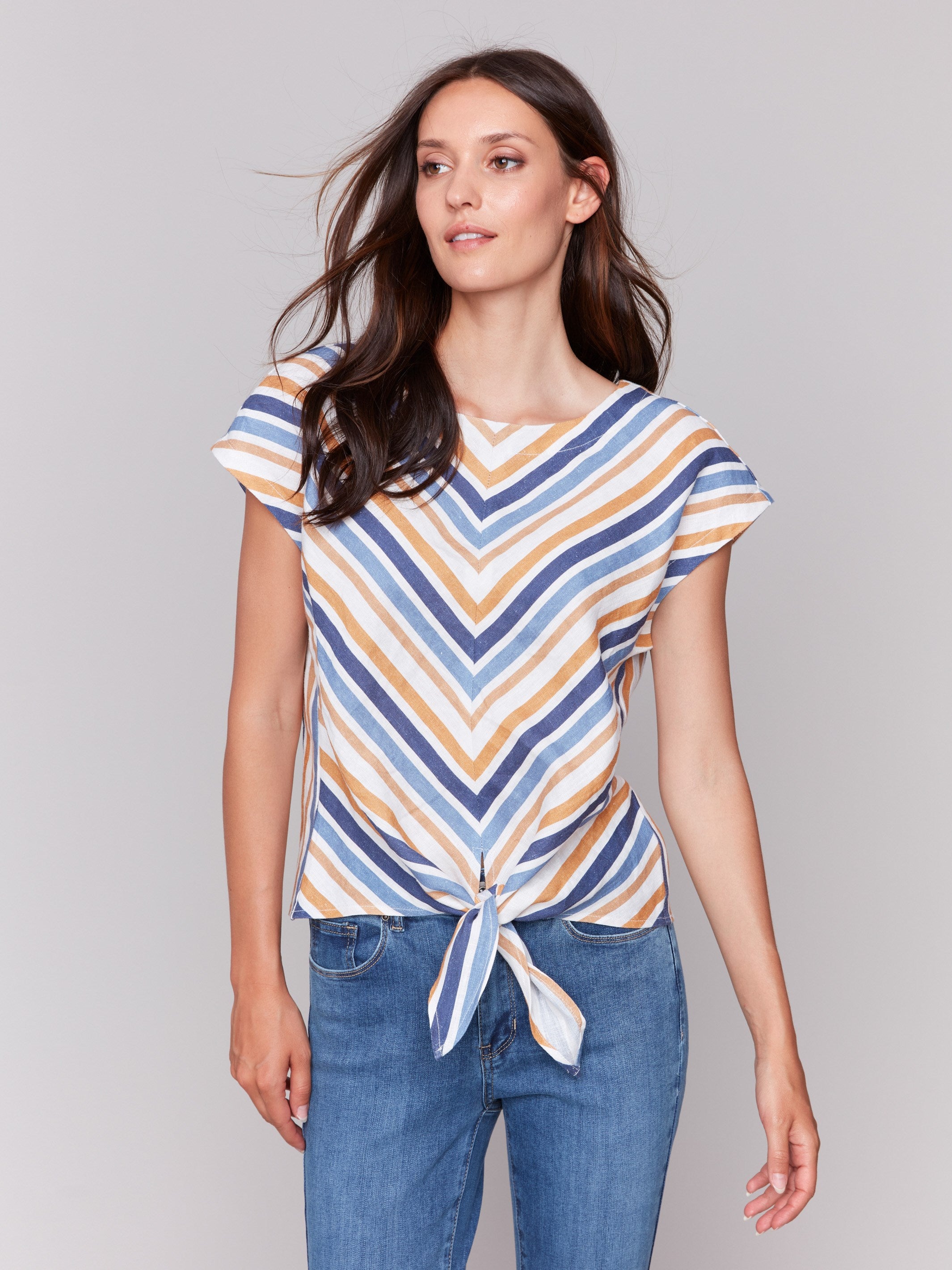 Striped Linen Blend Tie-Front Blouse - Denim