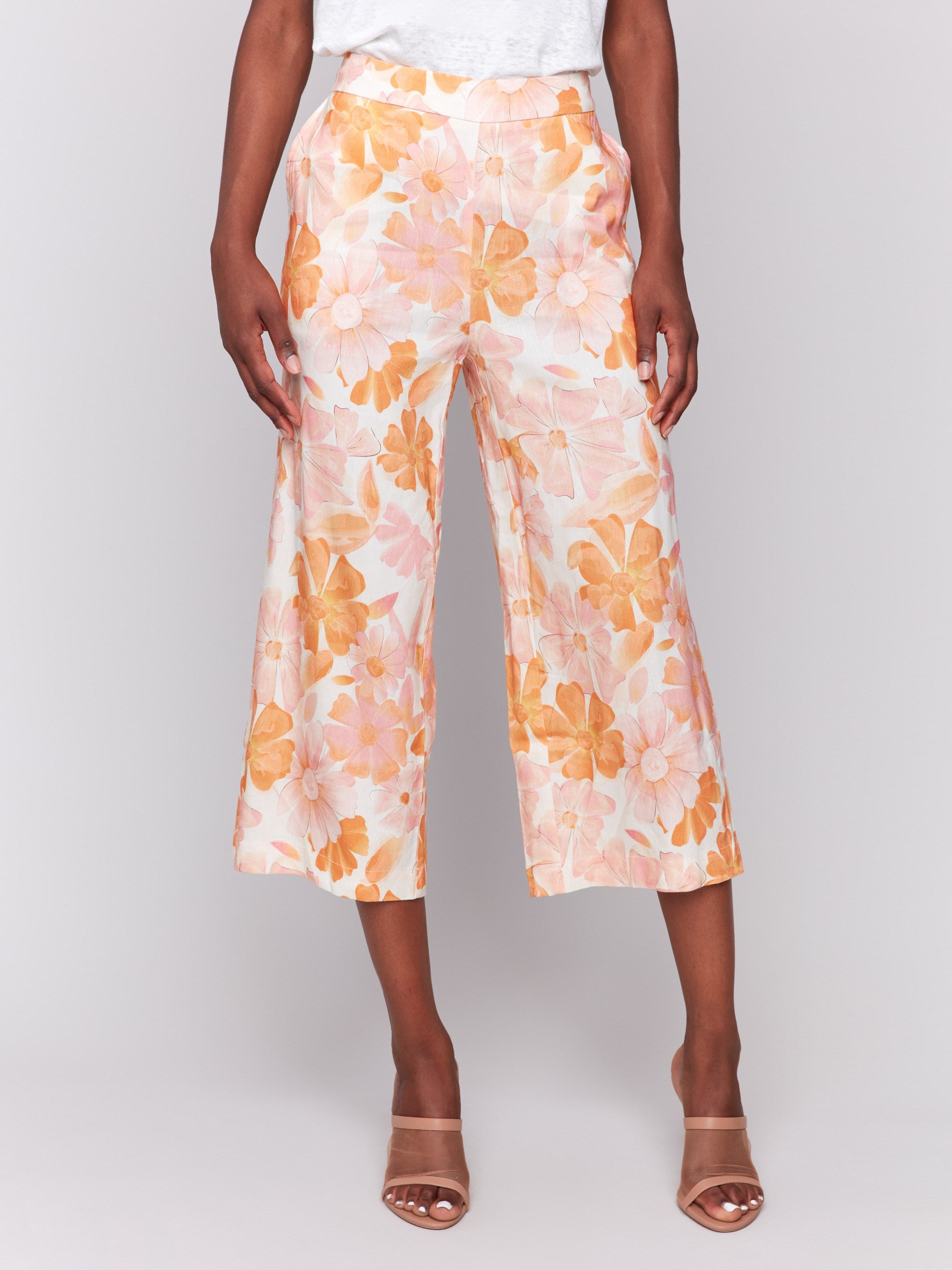 Printed Linen Blend Cropped Pull-On Pants - Blooming