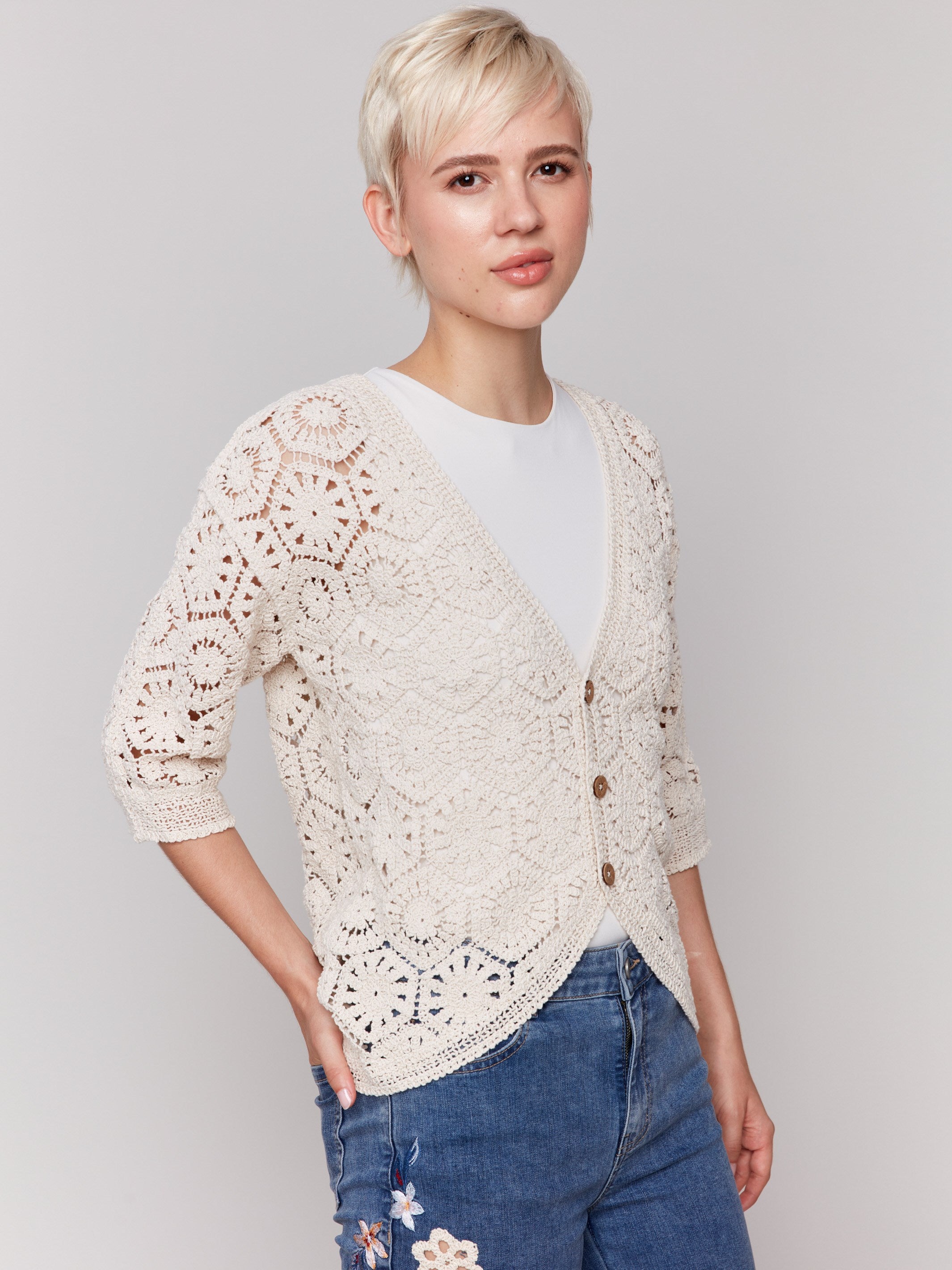 3/4 Sleeve Crochet Cardigan - Natural