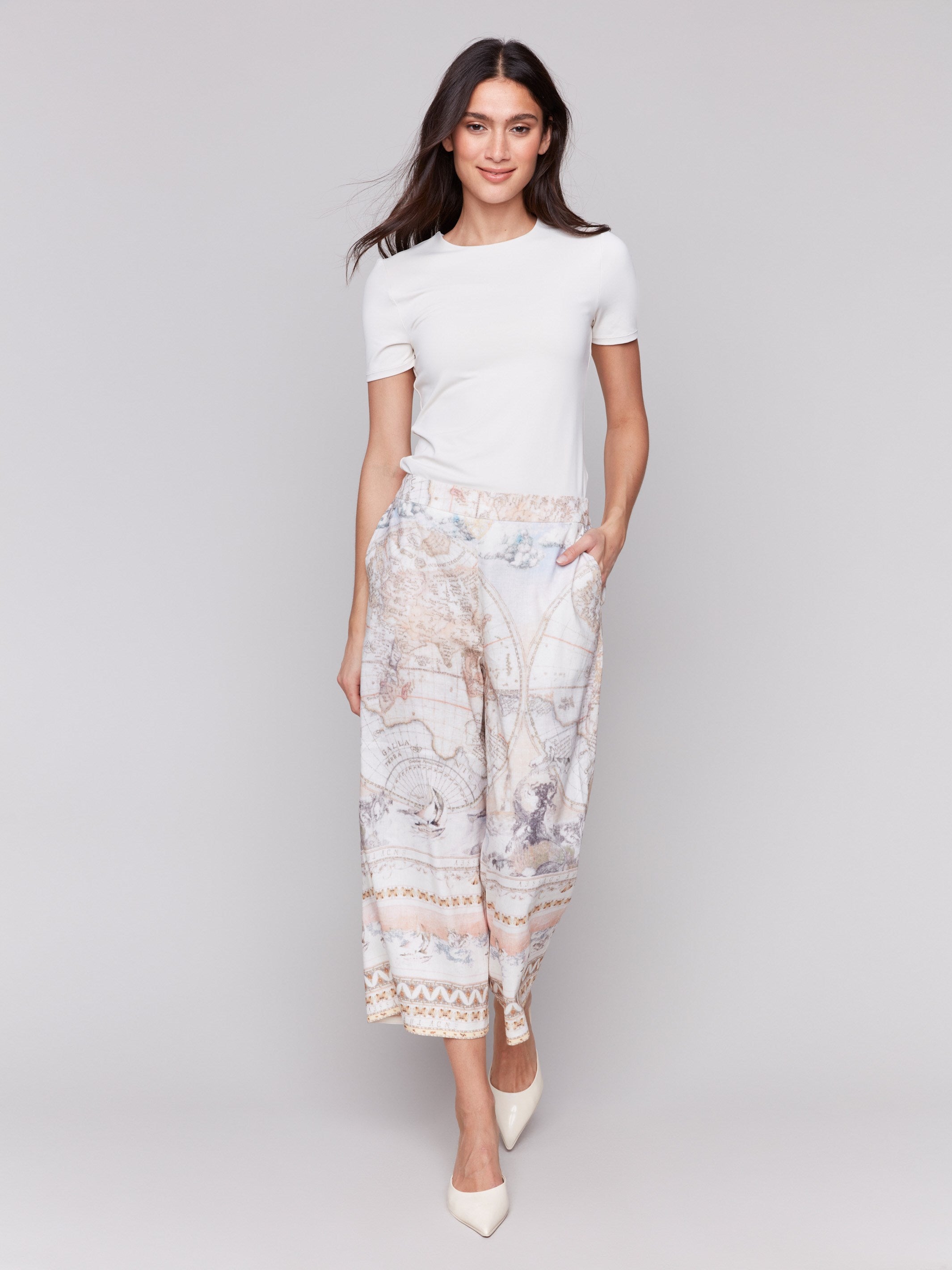 Printed Linen Blend Cropped Pull-On Pants - Atlas