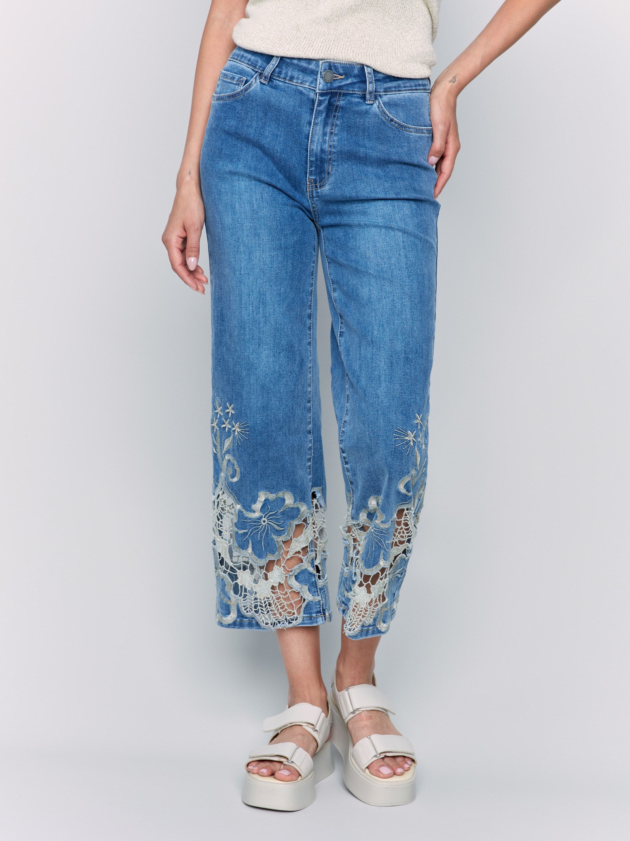 Cropped Flare Leg Jeans with Lace Hem - Medium Blue