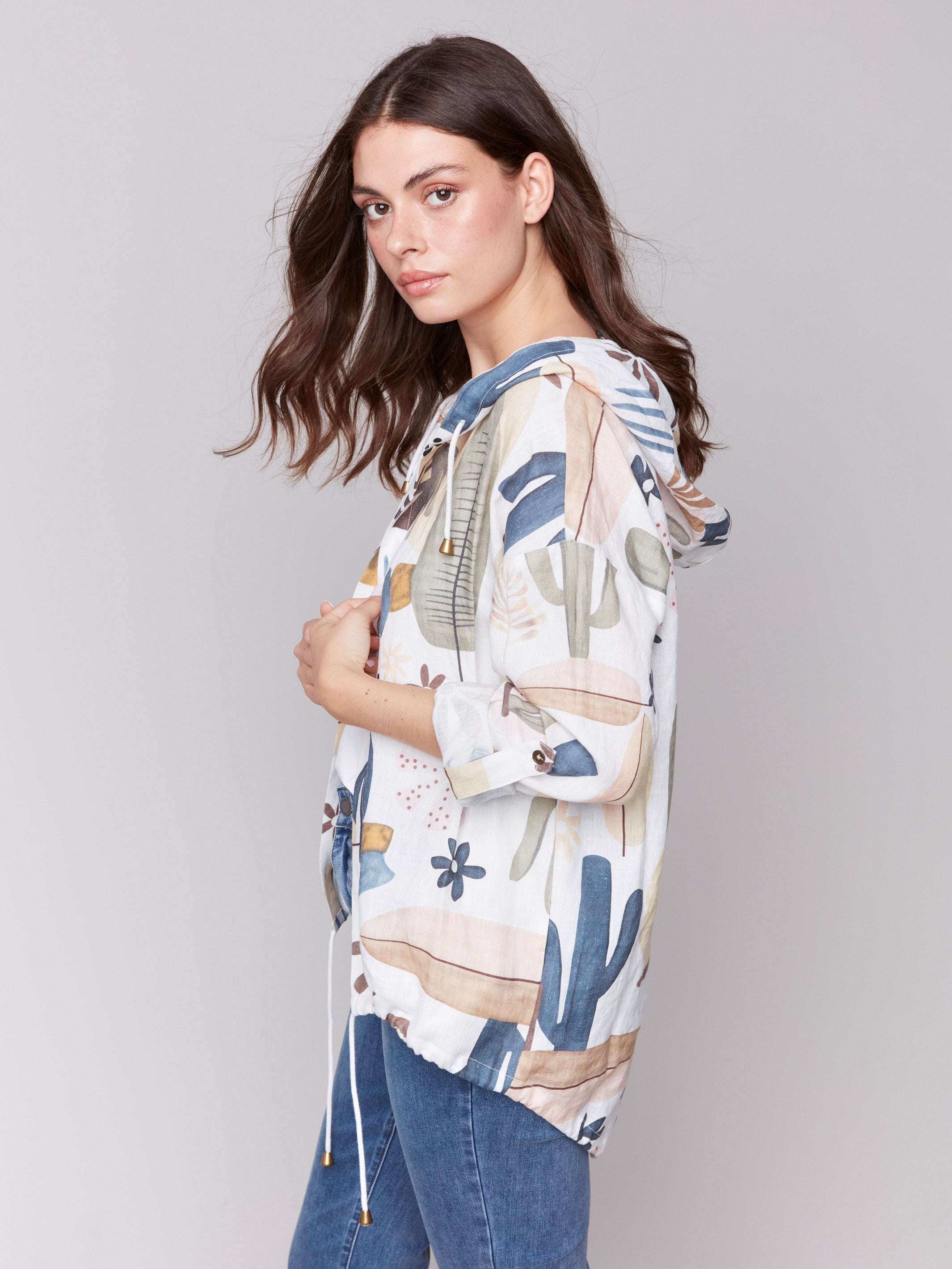 Printed Linen Blend Duster Jacket - Cactus
