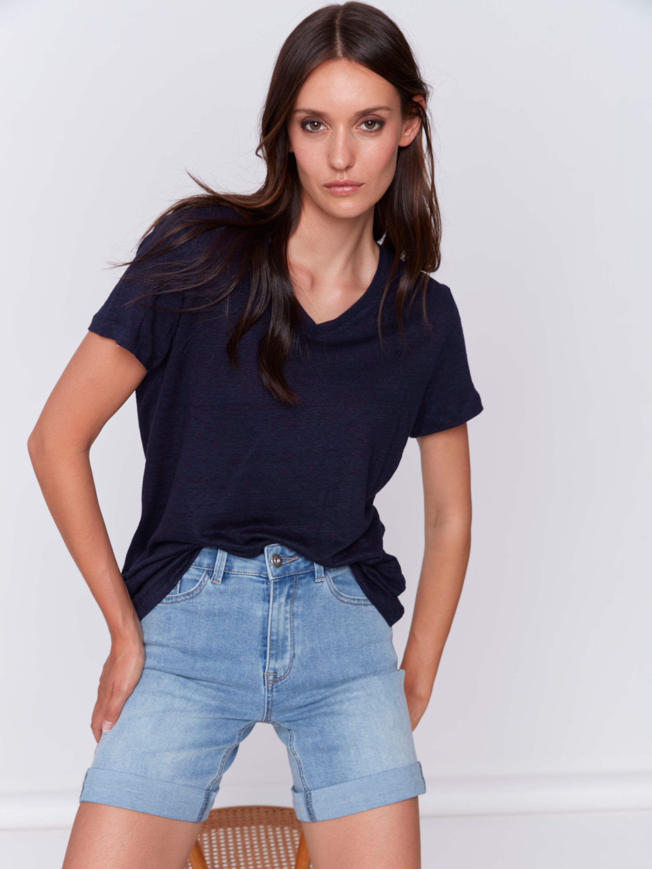 Rolled Cuff Denim Shorts - Light Blue