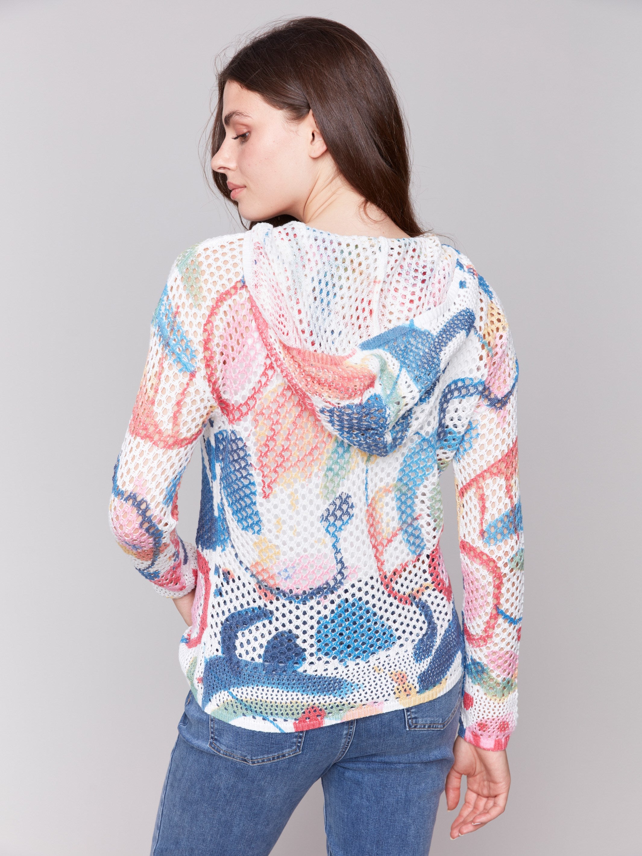 Printed Fishnet Crochet Hoodie Sweater - Abstract
