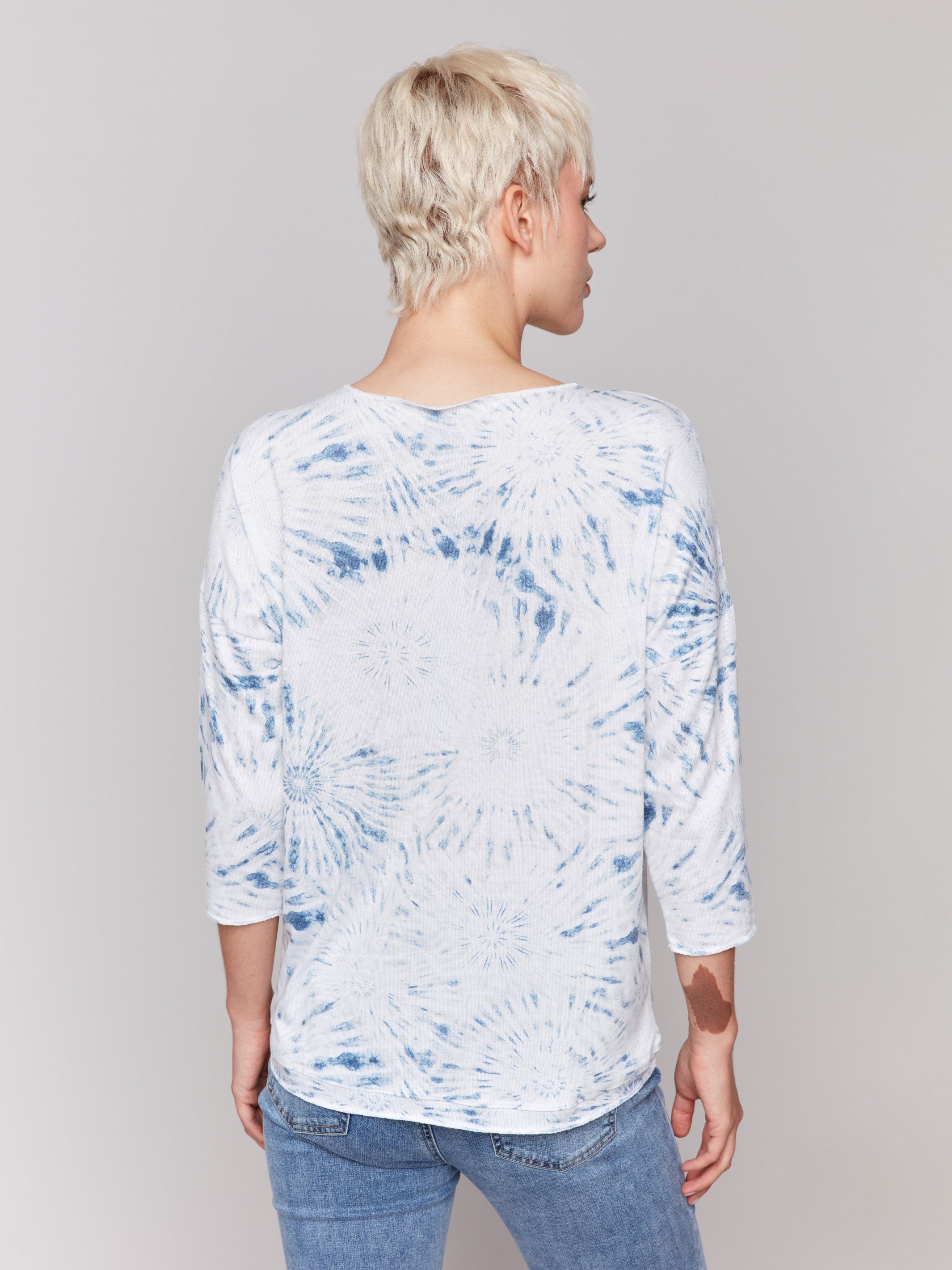 Printed V-Neck Knit Top - Denim