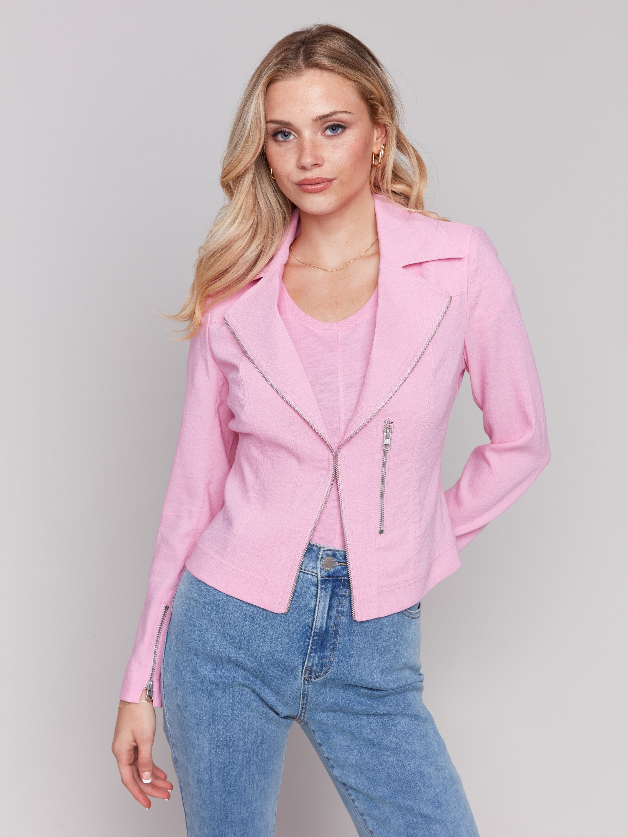 Crinkle Rayon Biker Jacket - Begonia