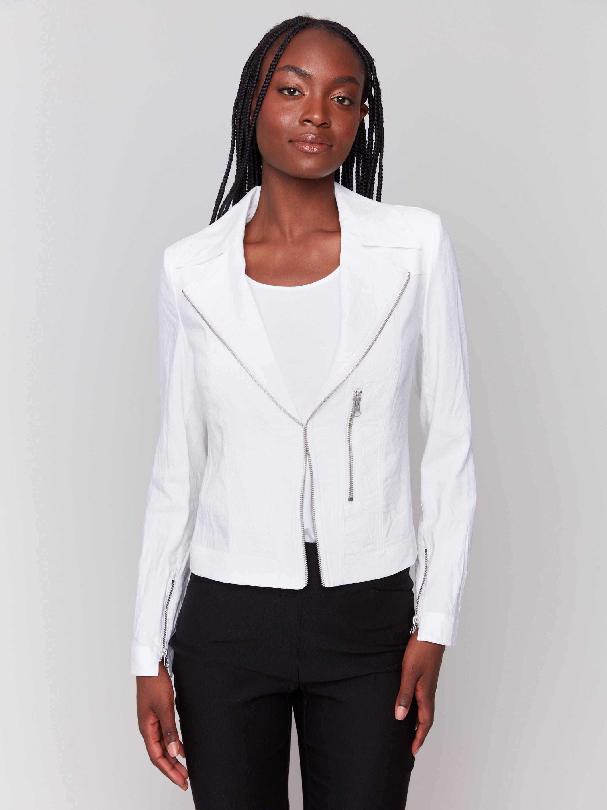 Crinkle Rayon Biker Jacket - White