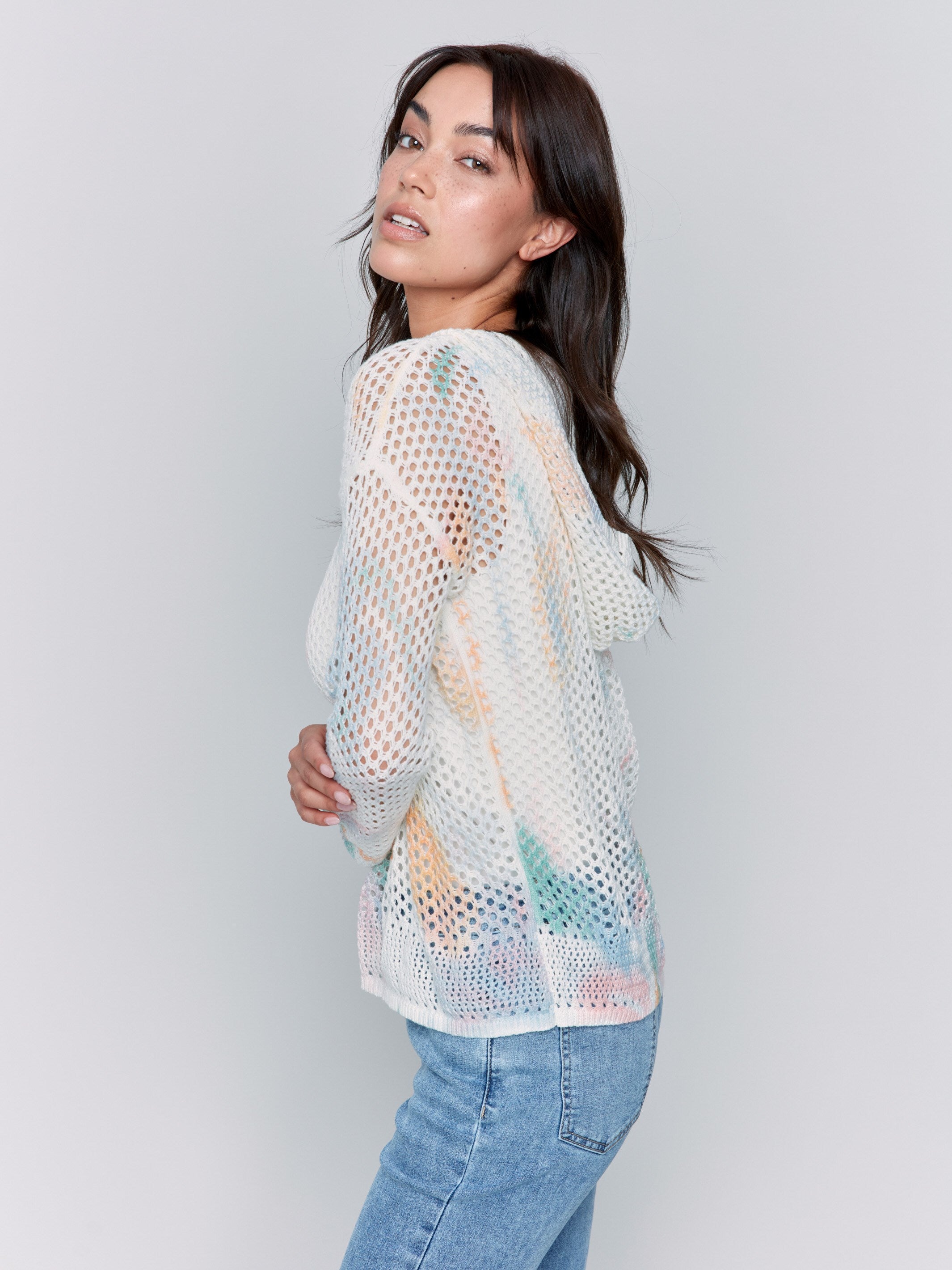 Printed Fishnet Crochet Hoodie Sweater - Pastel