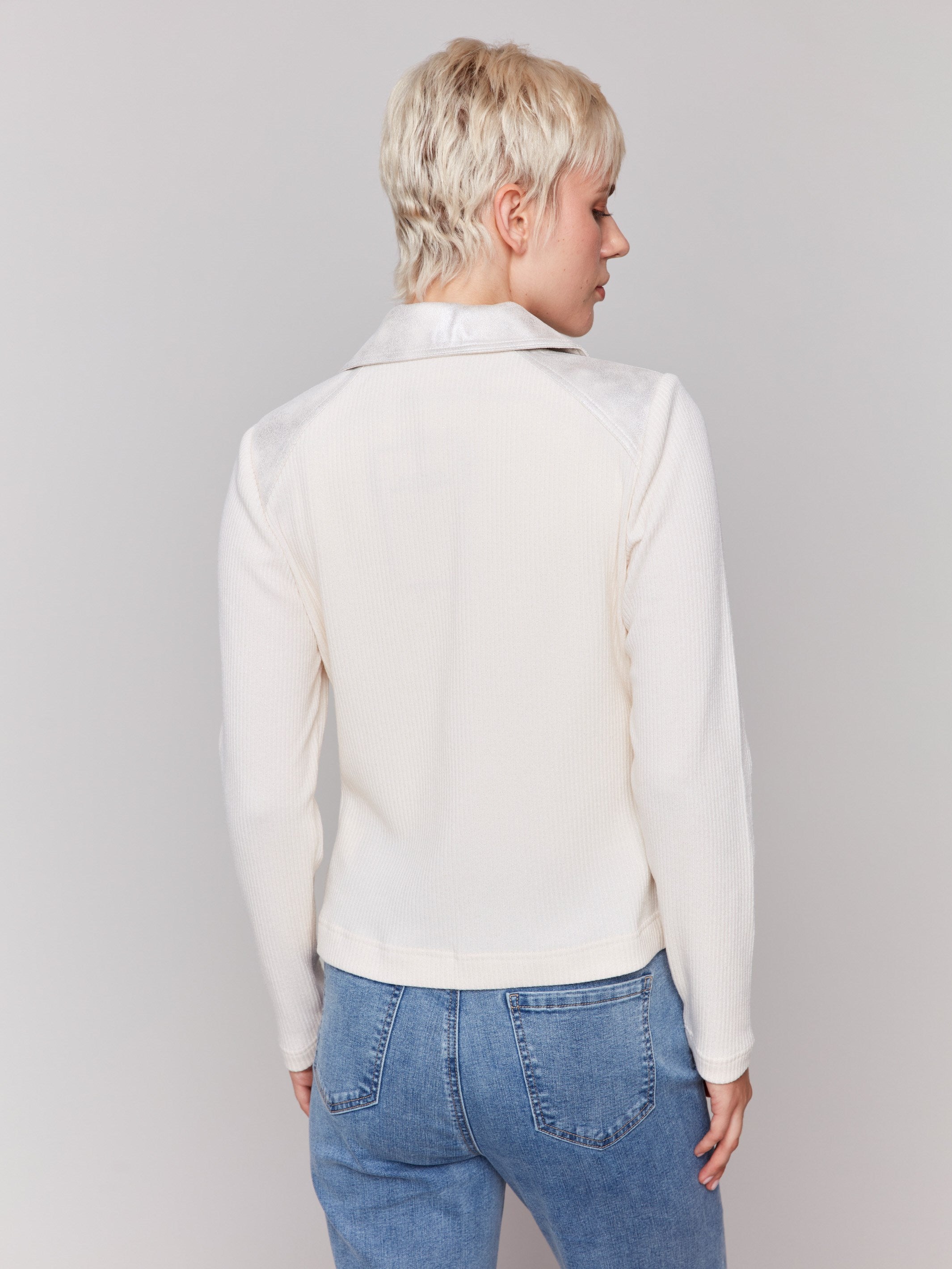 Foiled Faux Leather and Rib Knit Jacket - Champagne