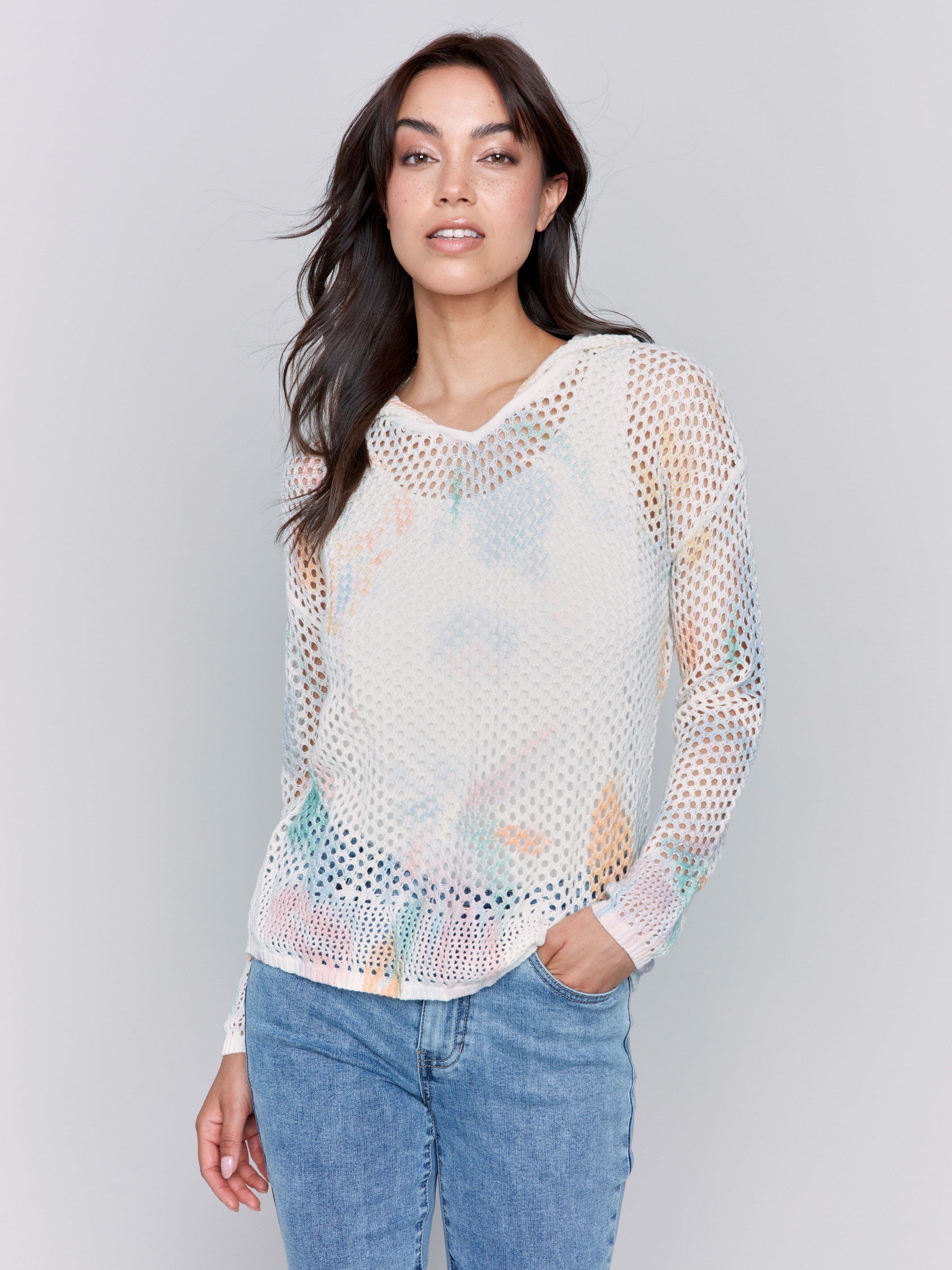 Printed Fishnet Crochet Hoodie Sweater - Pastel