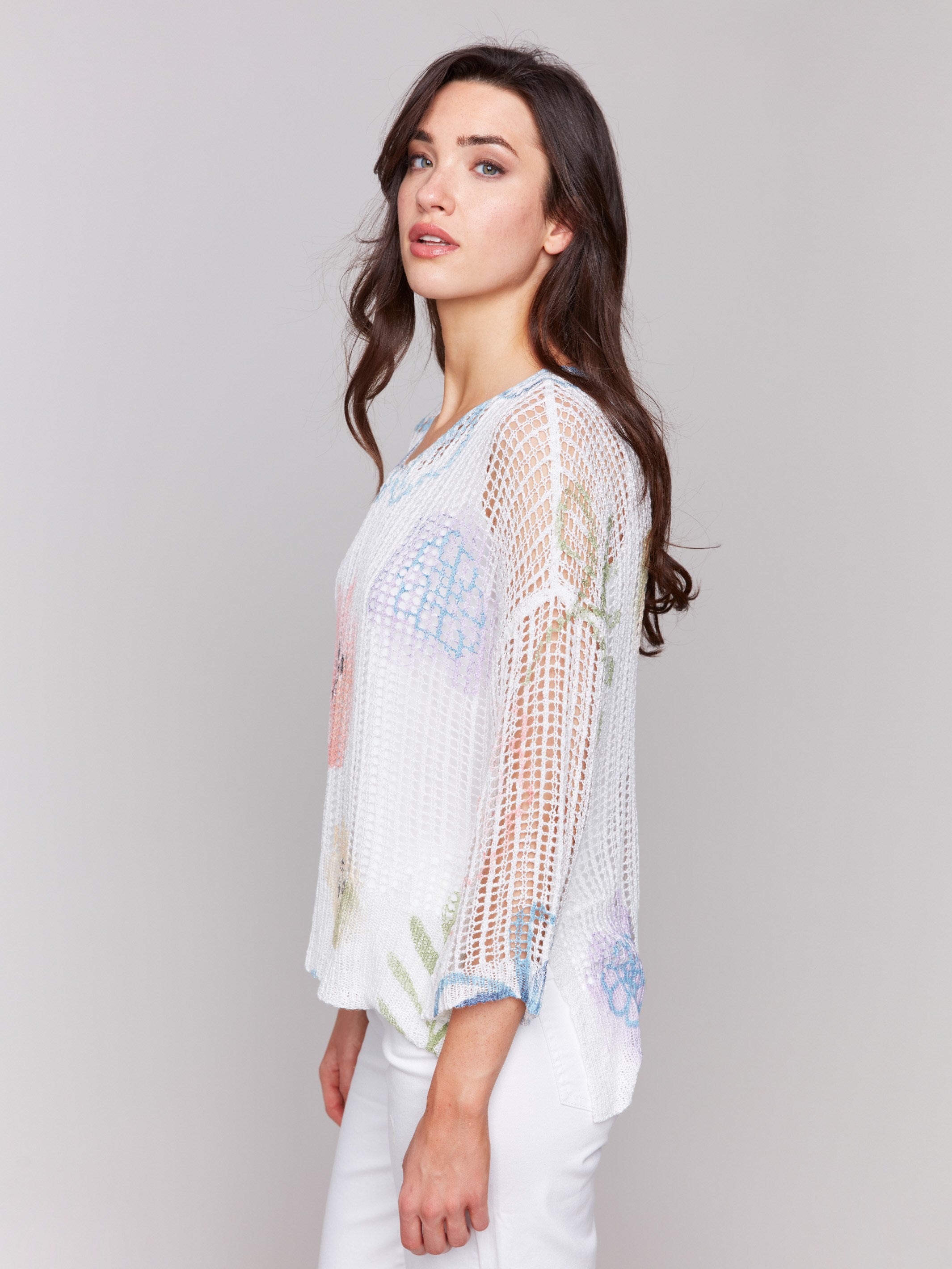 Printed Fishnet Crochet Sweater - Watercolor