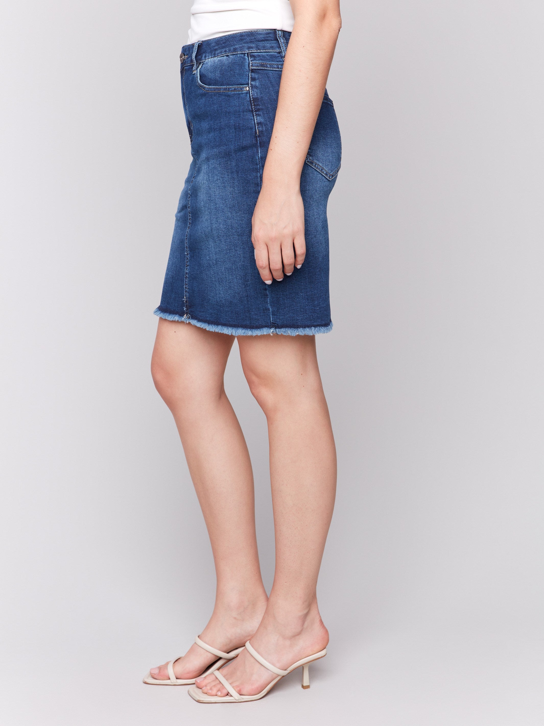 Stretch Denim Skort with Frayed Hem - Indigo