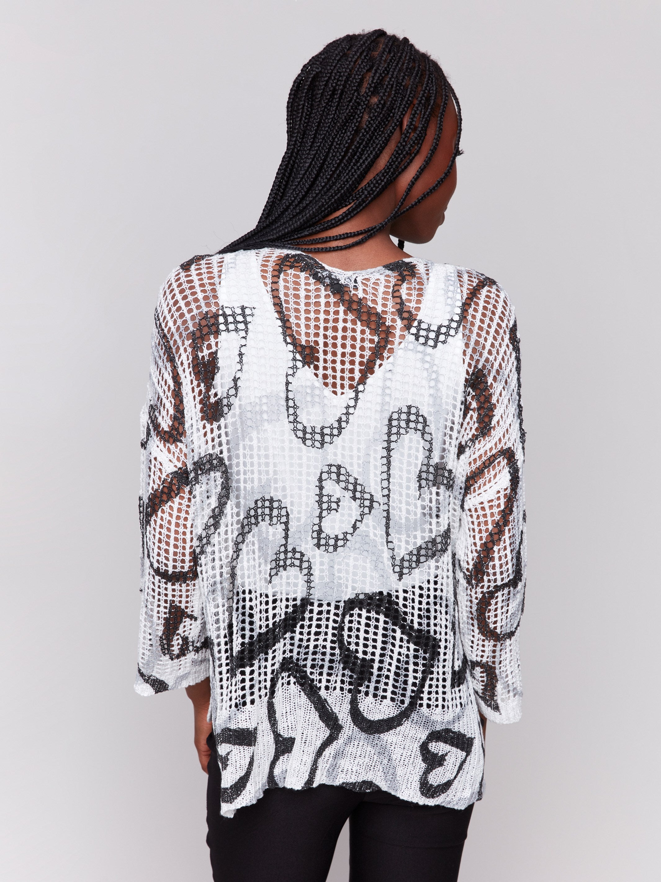 Printed Fishnet Crochet Sweater - Hearts