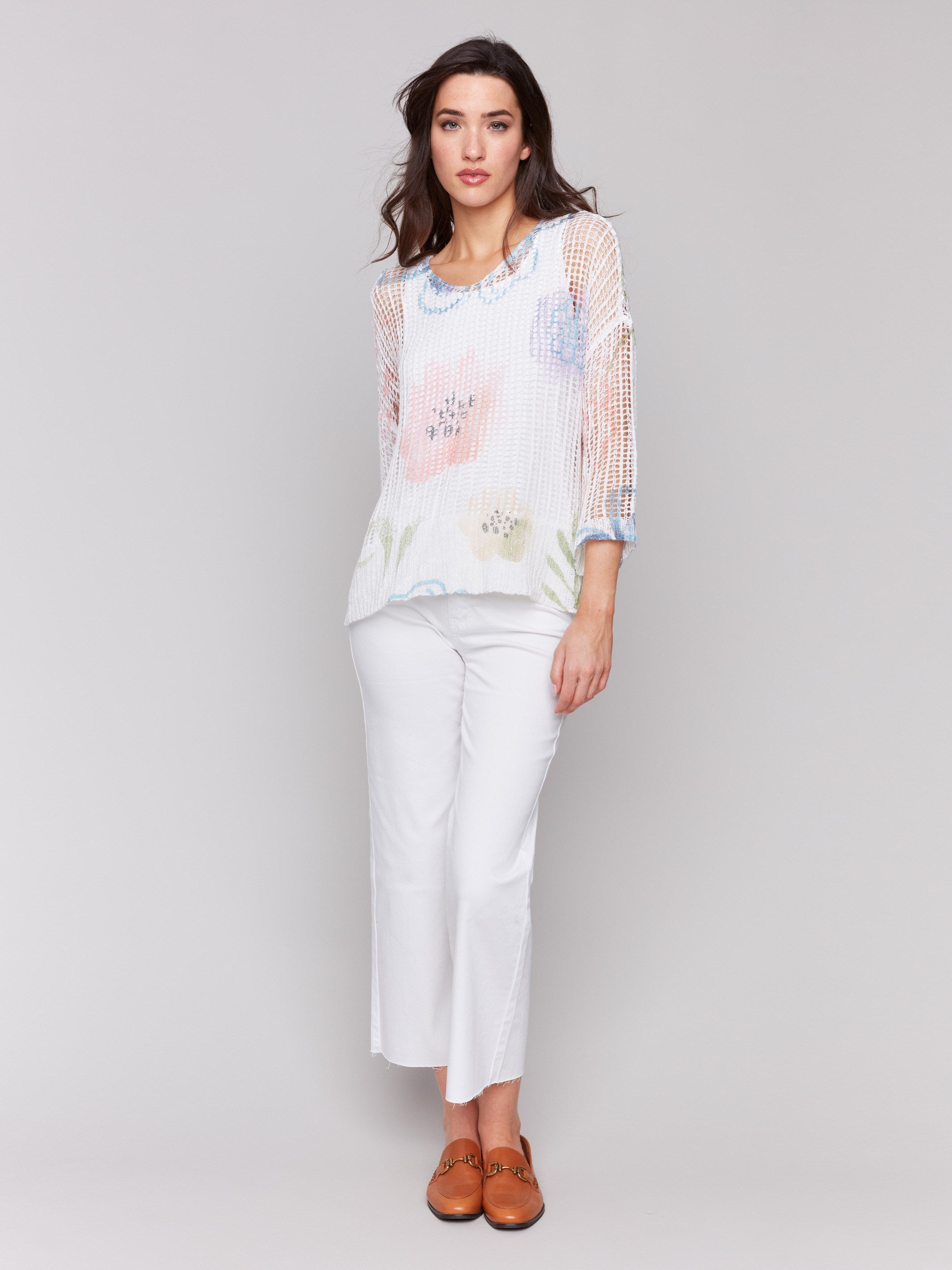 Printed Fishnet Crochet Sweater - Watercolor