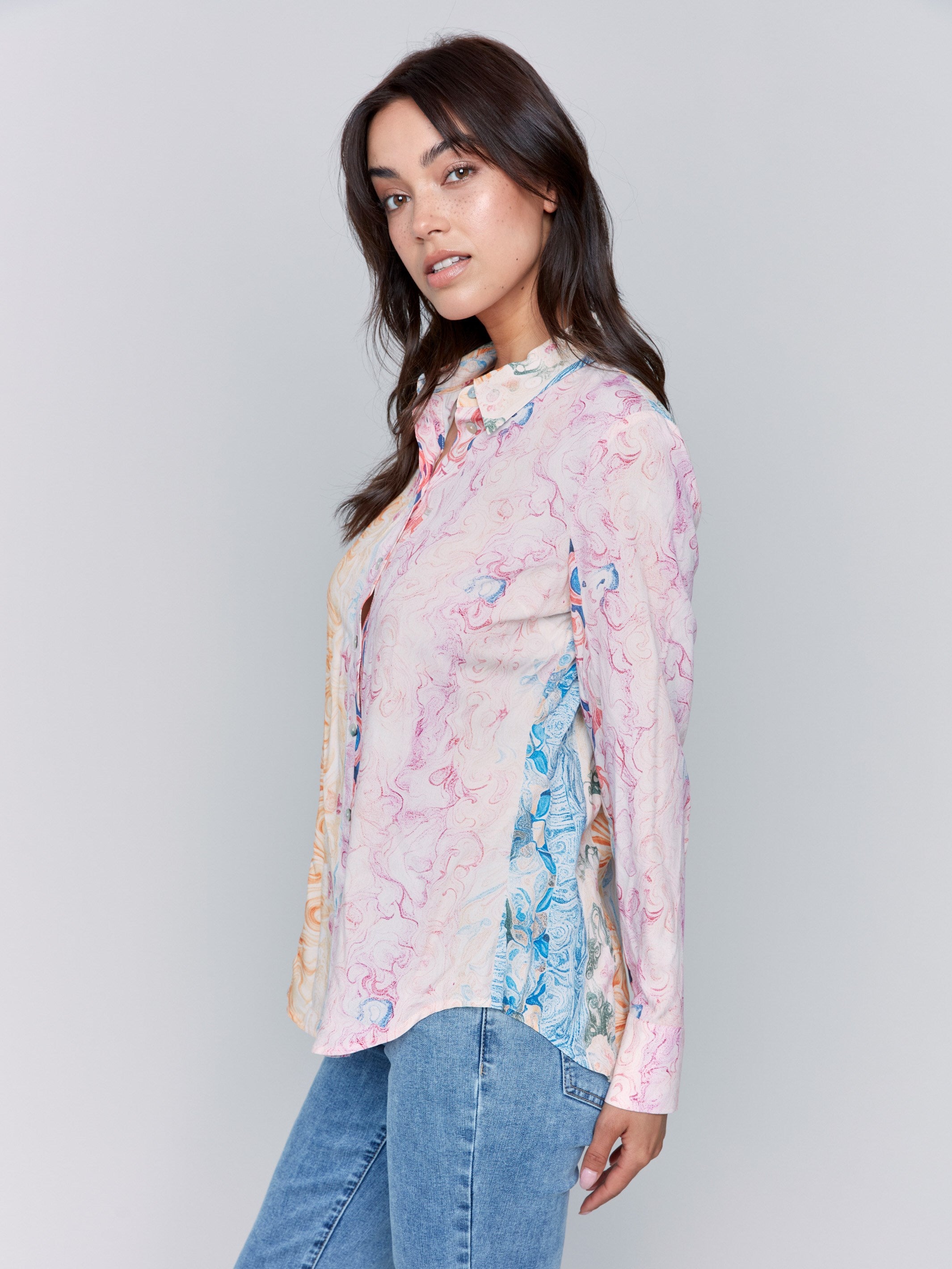 Printed Long Sleeve Button-Up Blouse - Wallpaper