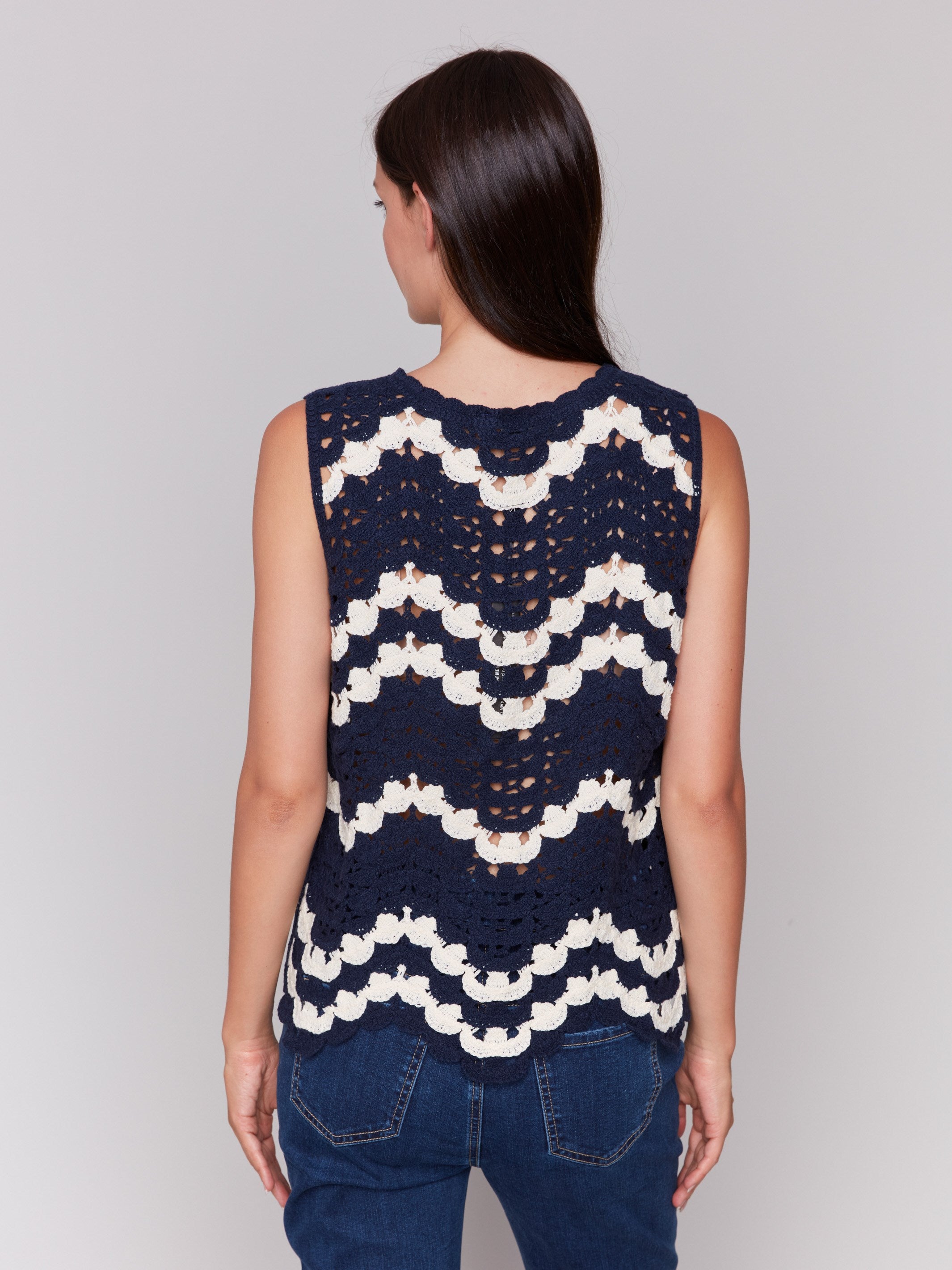Sleeveless Crochet Crew Neck Top - Navy