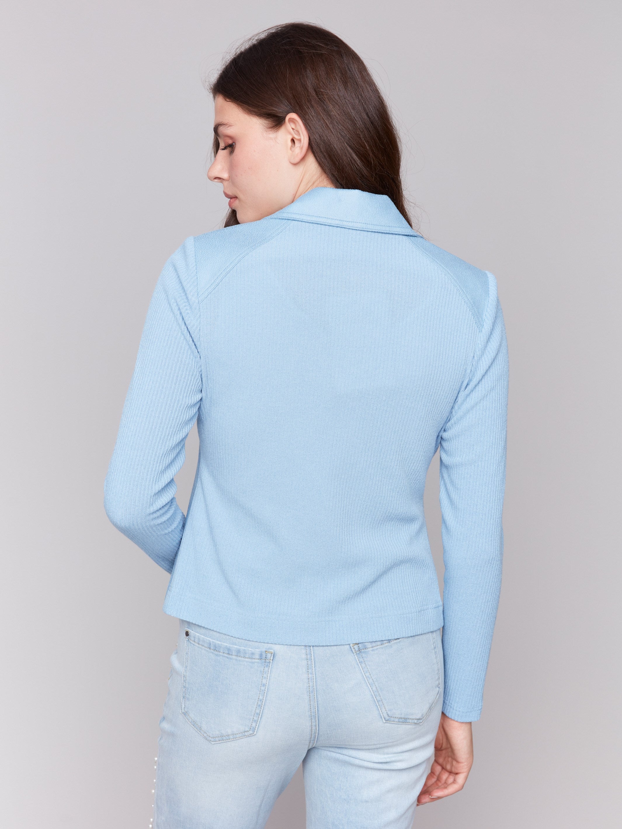 Vintage Faux Leather and Rib Knit Jacket - Bluebell