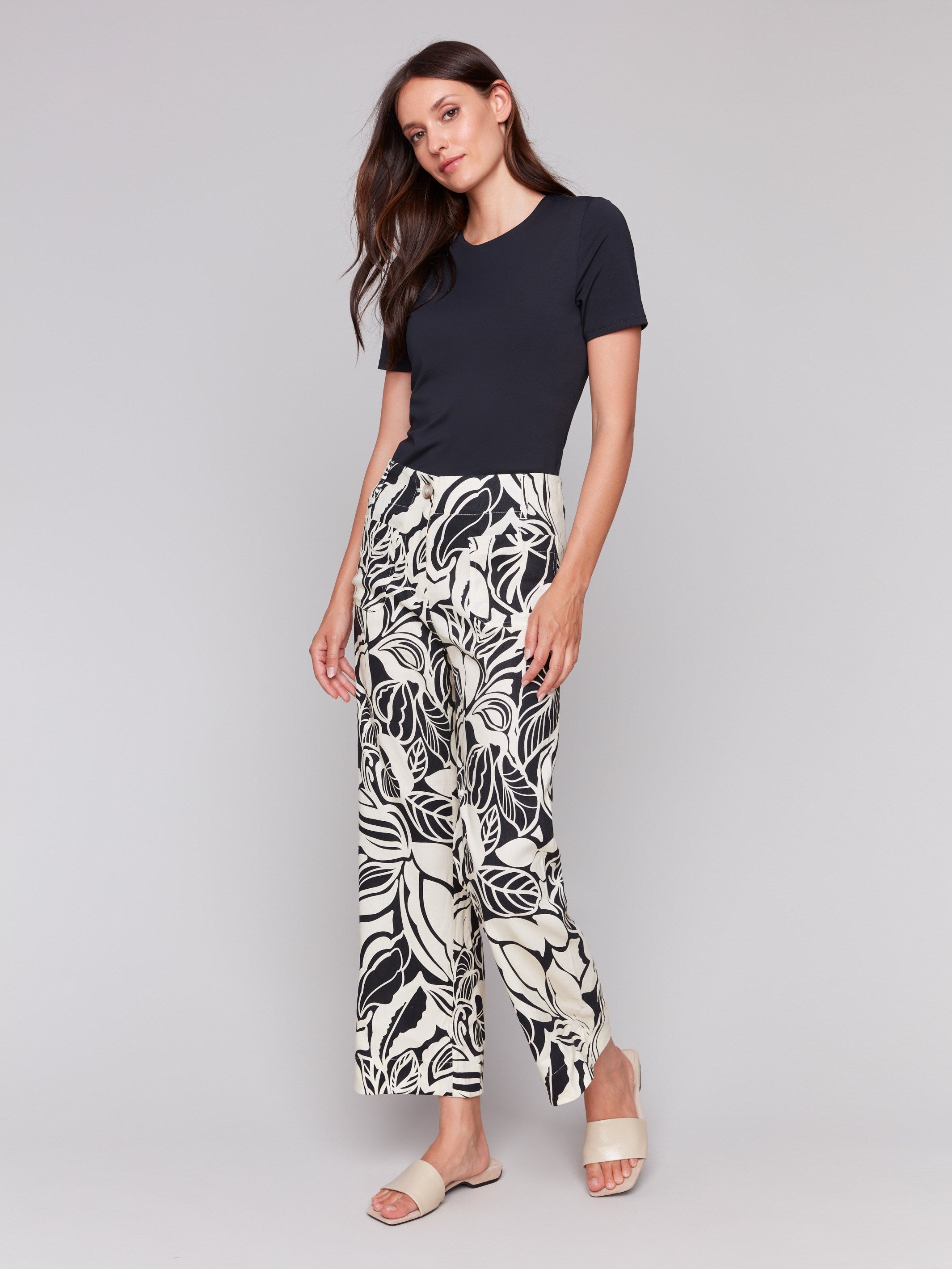 Printed Linen Blend Cropped Pants - Botanical