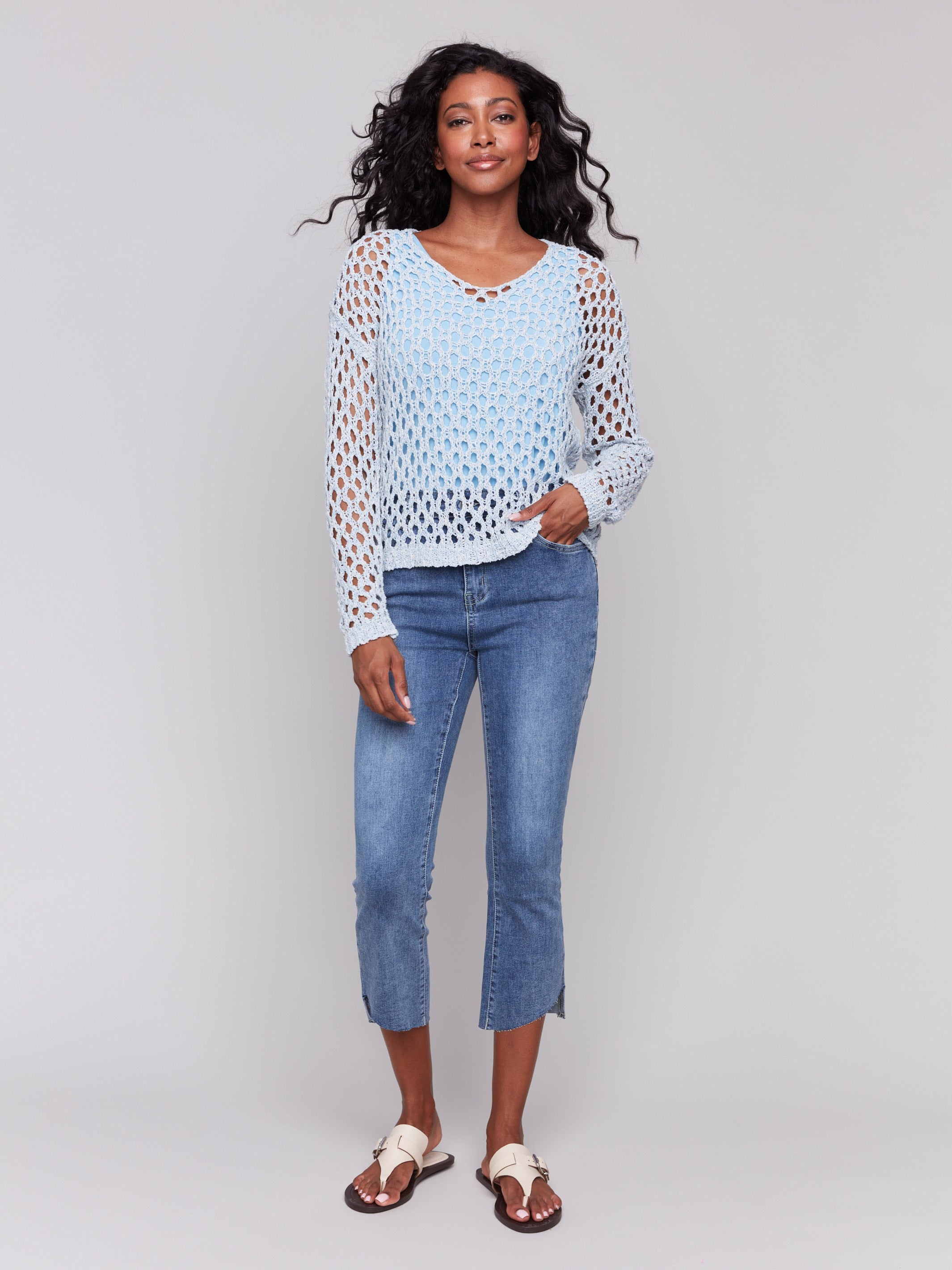Braided Fishnet V-Neck Sweater - Denim