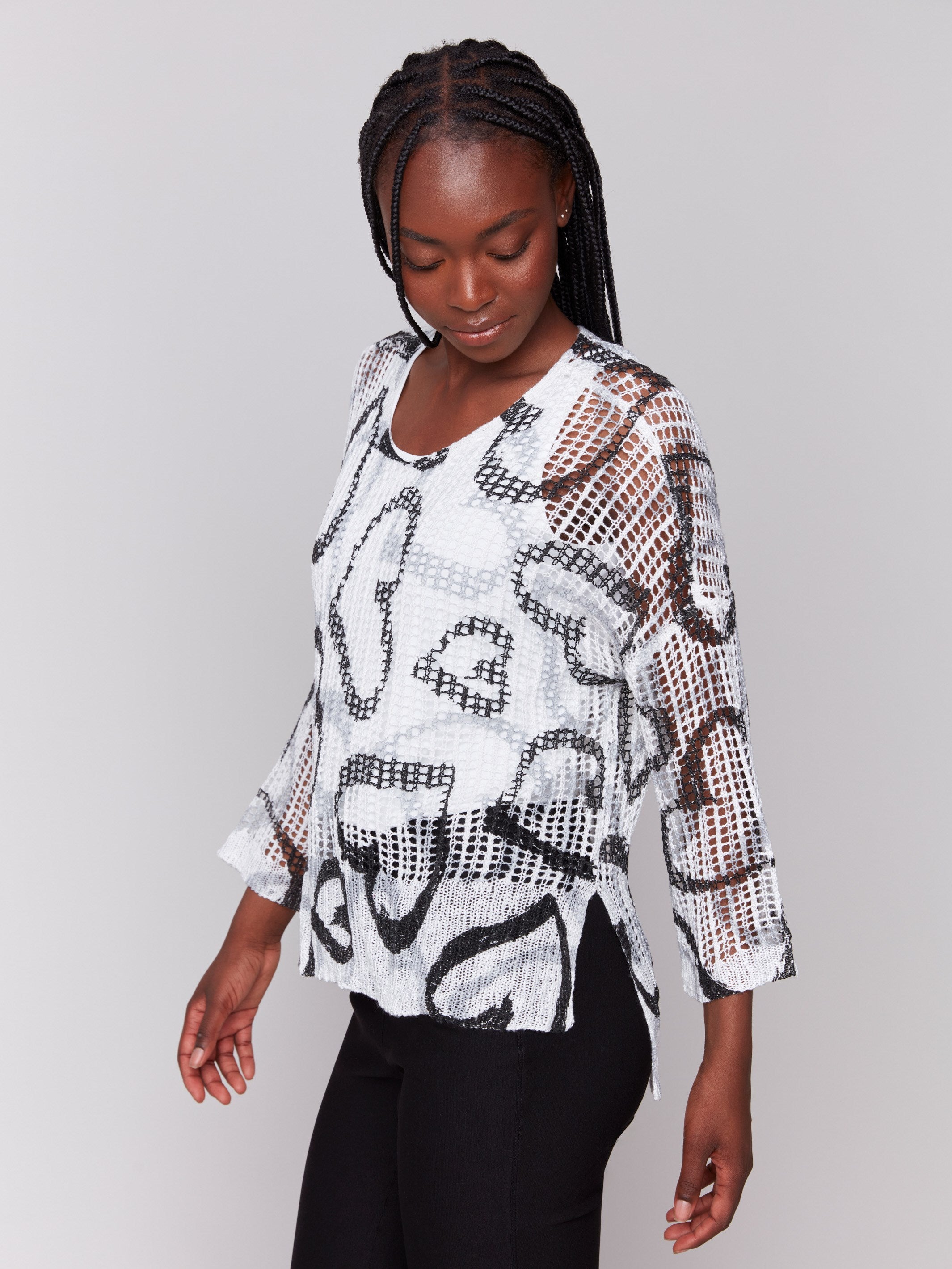 Printed Fishnet Crochet Sweater - Hearts