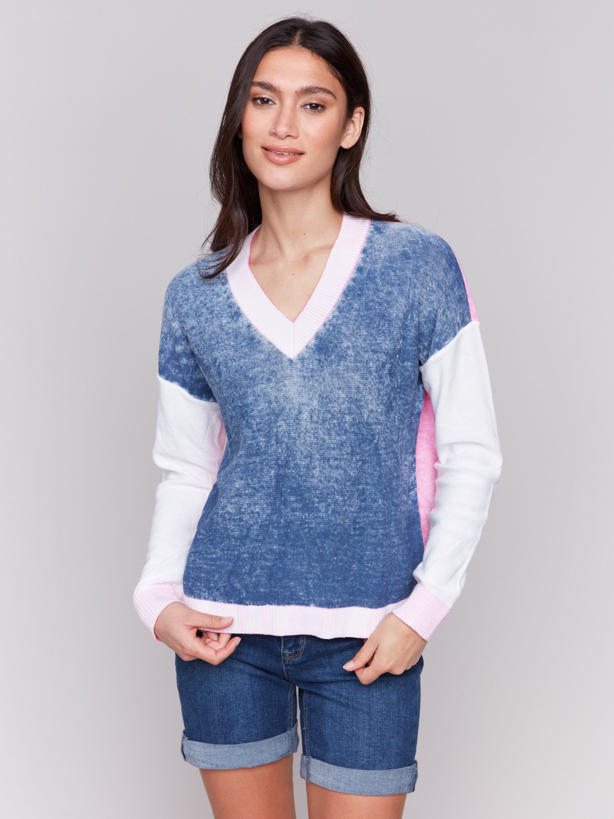 Color Block V-Neck Sweater - Denim