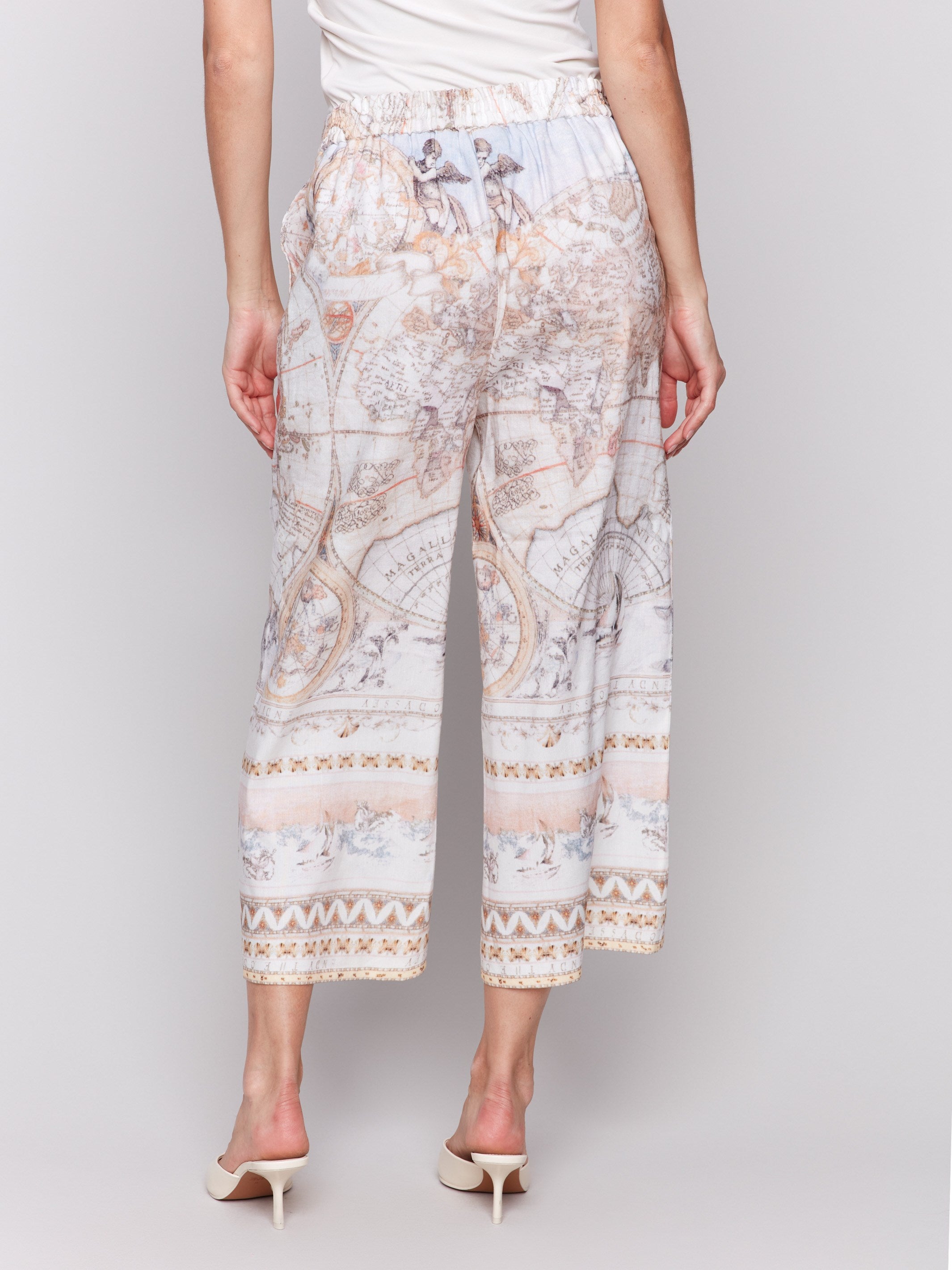 Printed Linen Blend Cropped Pull-On Pants - Atlas