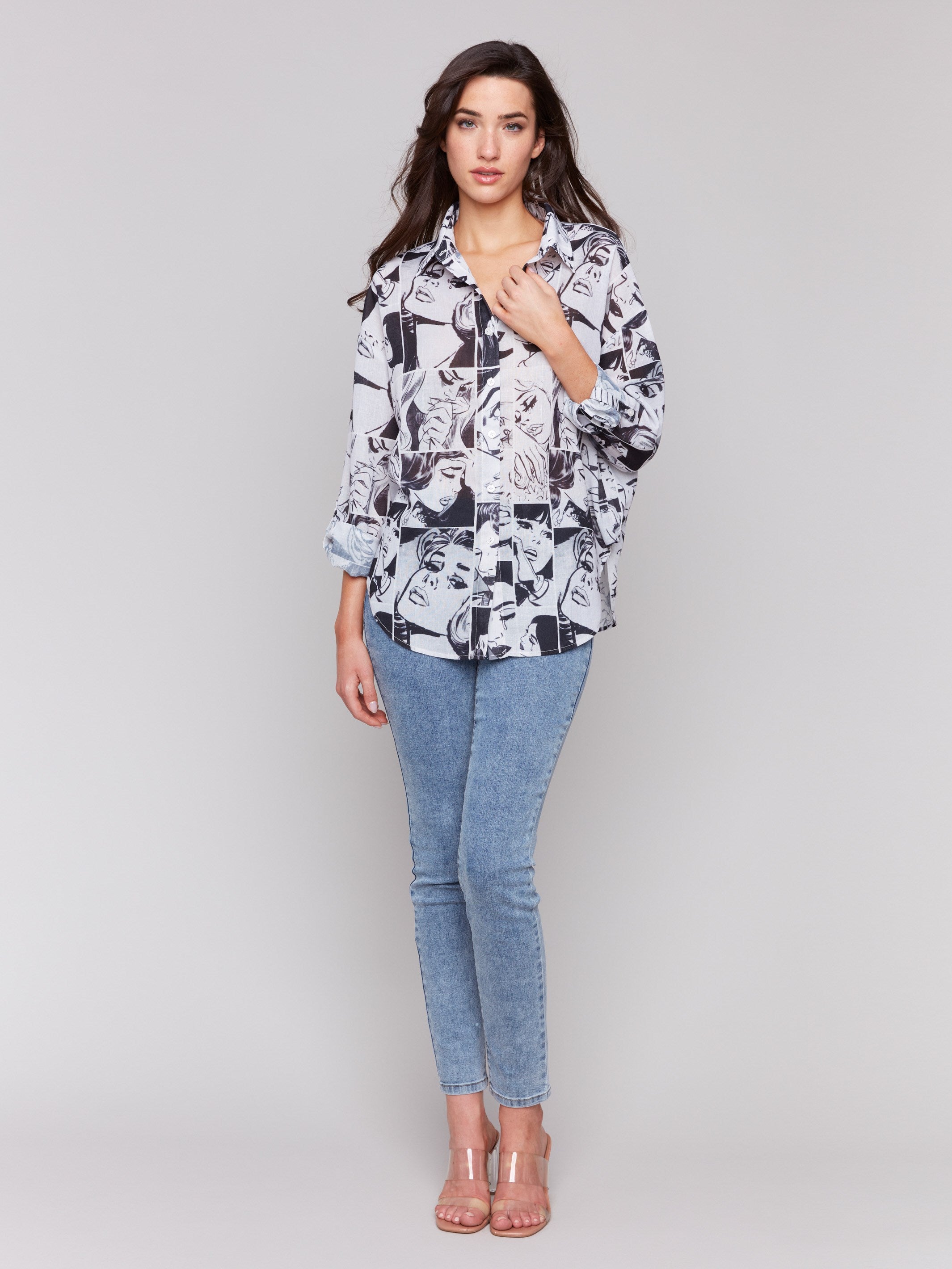 Printed Gauze Shirt with Roll-Up Sleeves - Comics