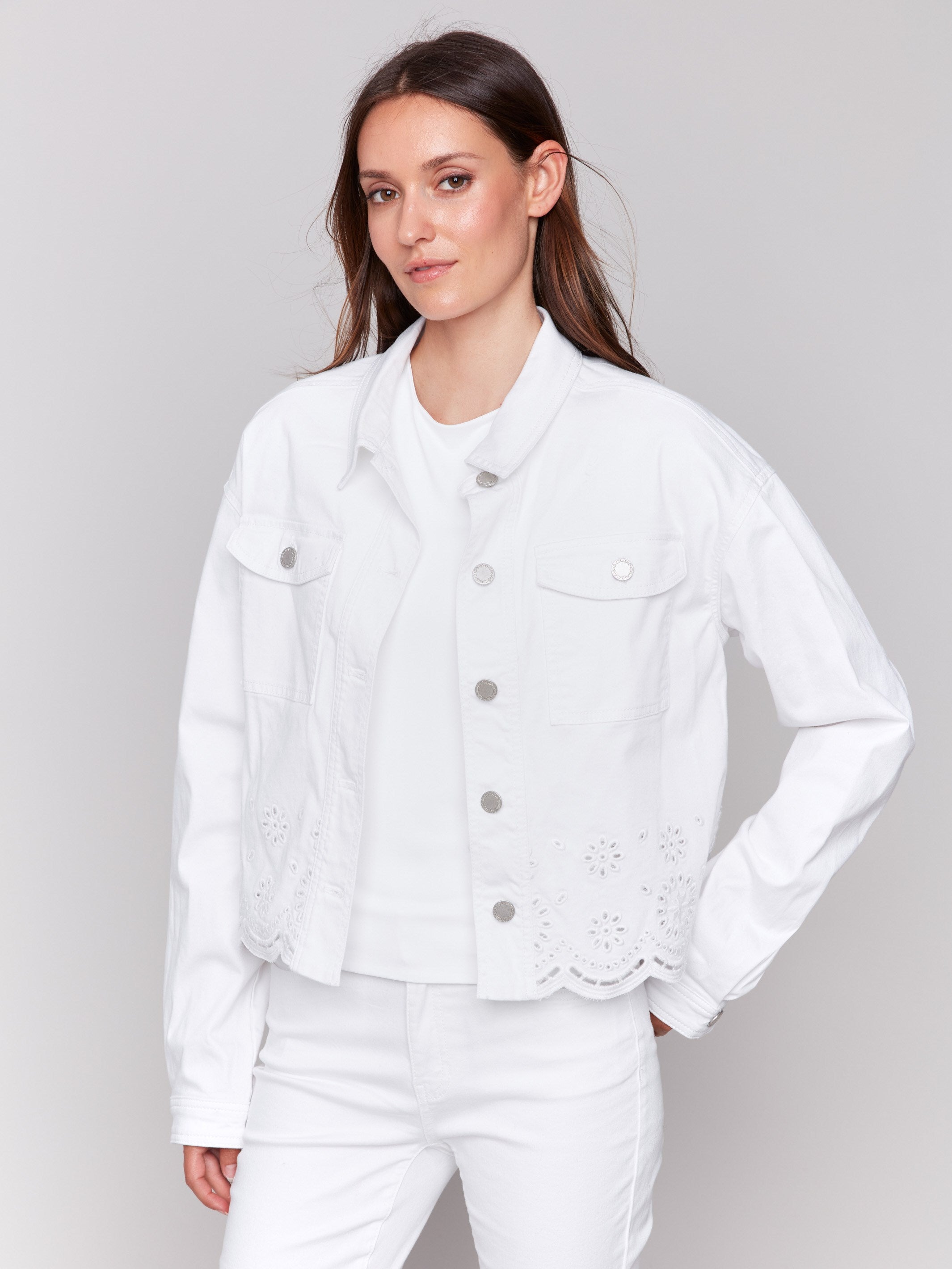 Twill Scalloped Eyelet Jacket - White