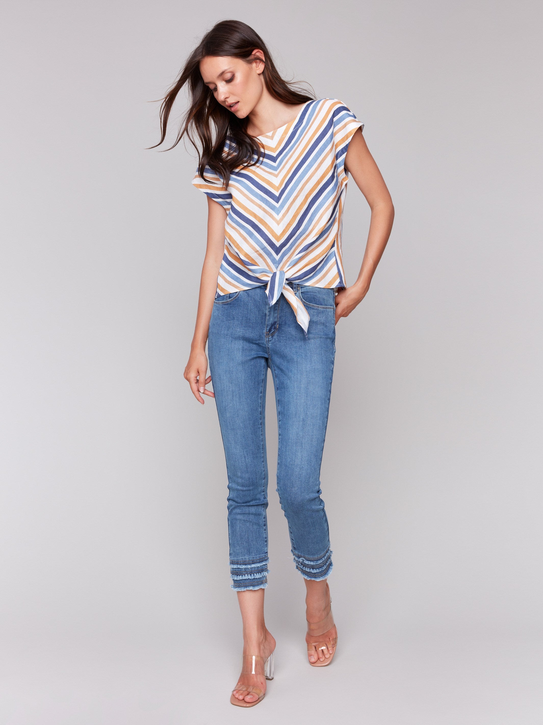 Striped Linen Blend Tie-Front Blouse - Denim
