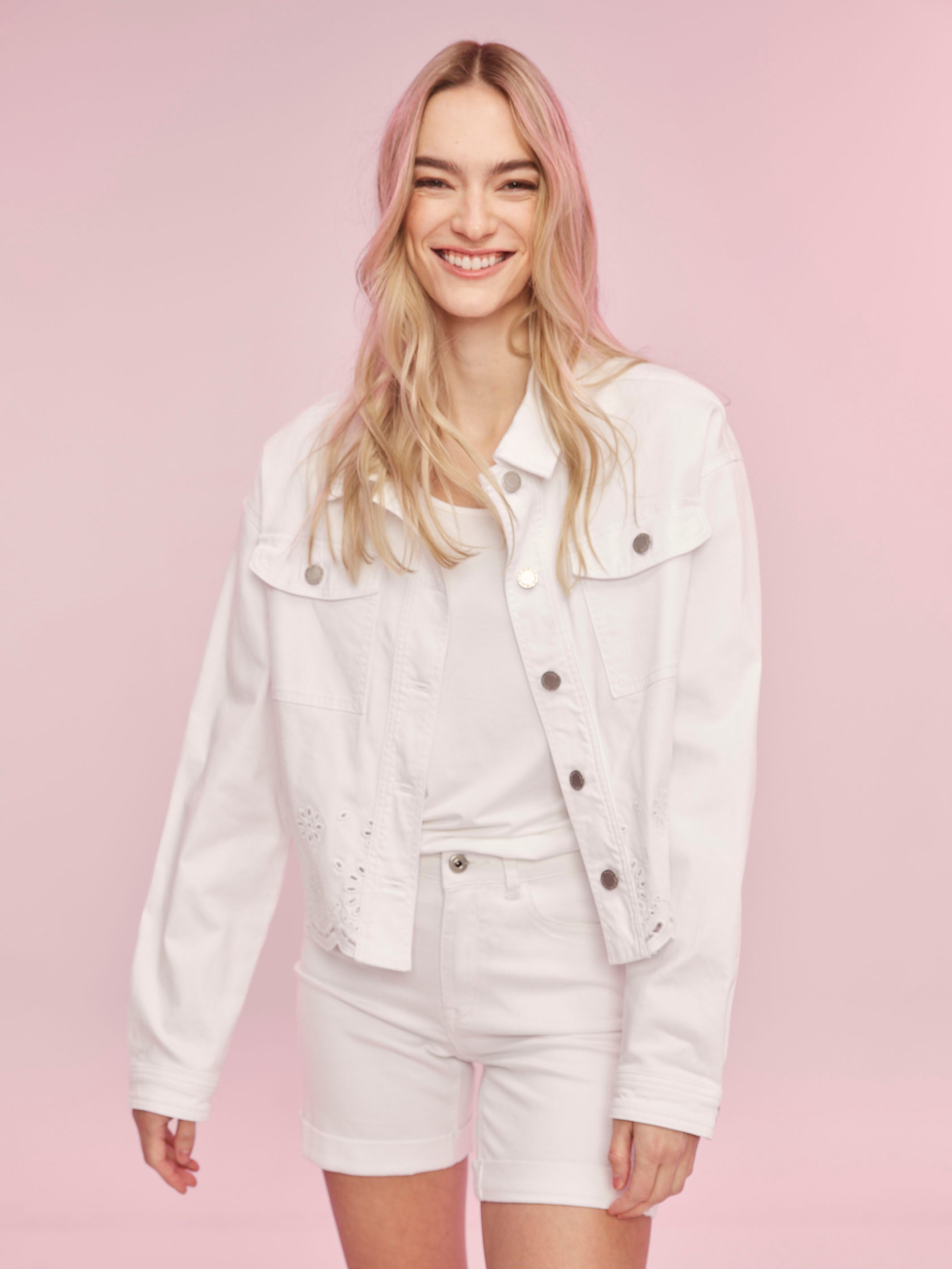 Twill Scalloped Eyelet Jacket - White