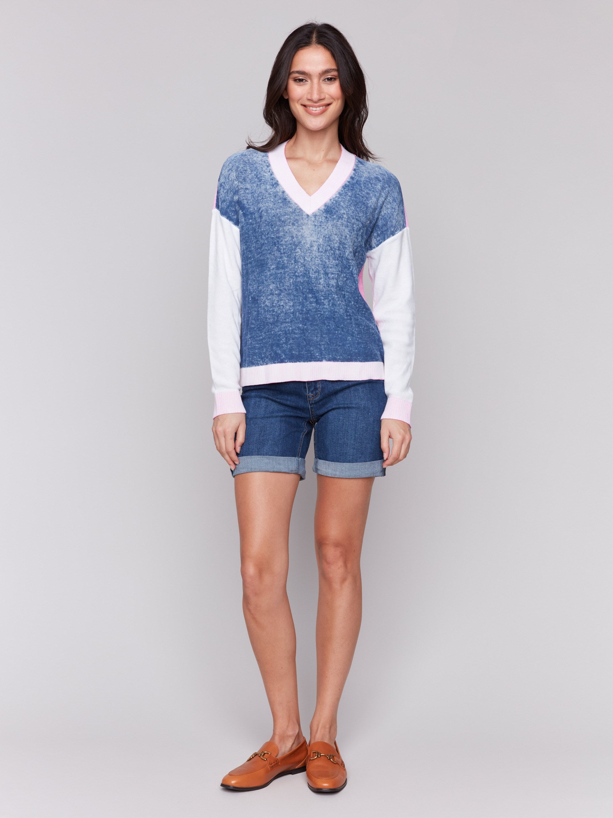 Color Block V-Neck Sweater - Denim