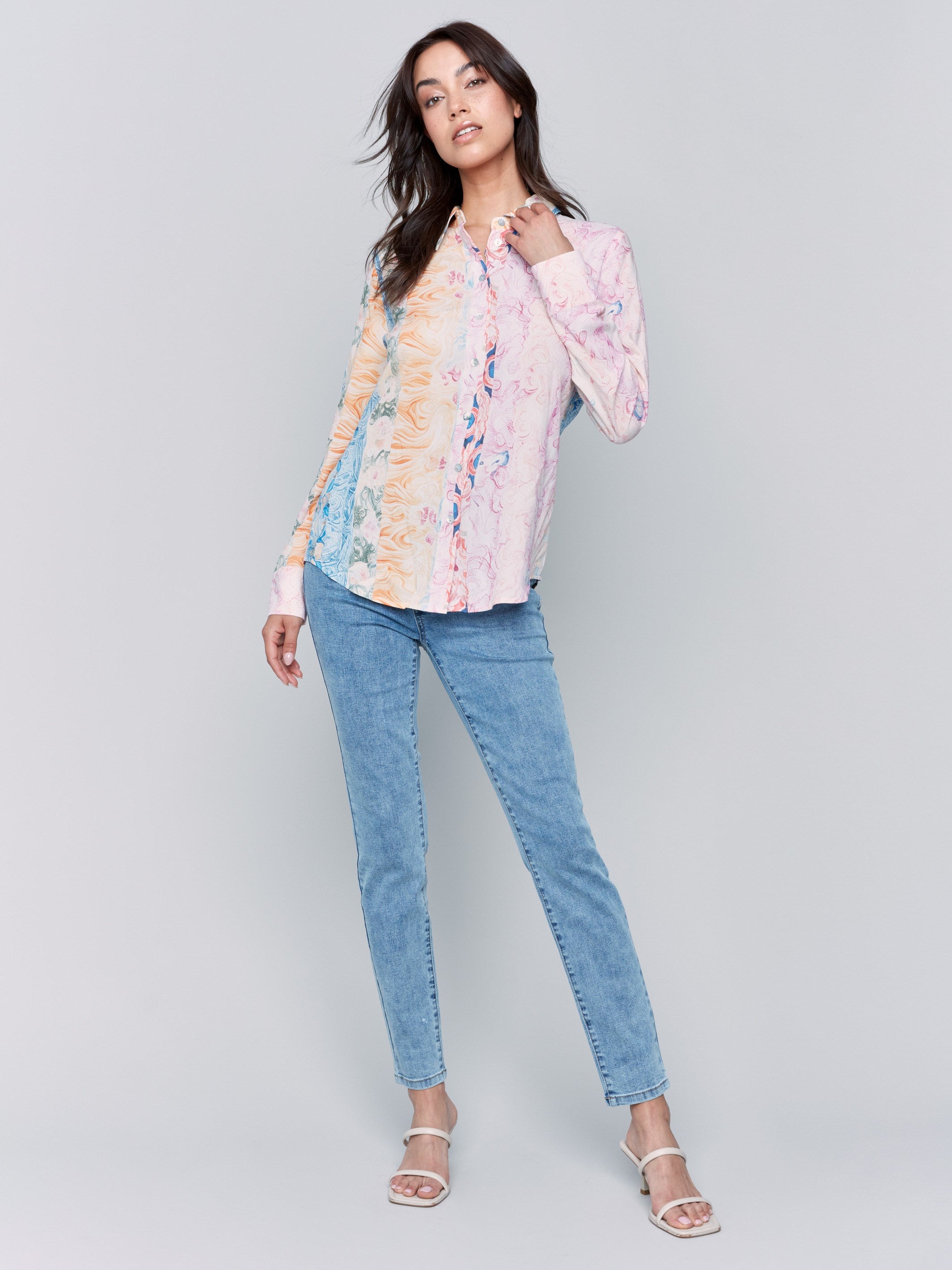 Printed Long Sleeve Button-Up Blouse - Wallpaper