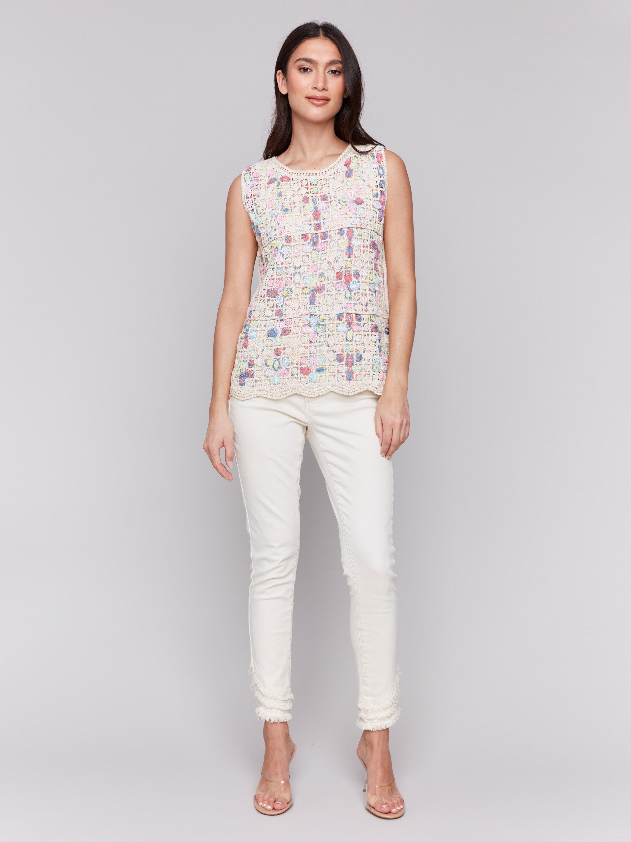 Sleeveless Crochet Crew Neck Top - Natural