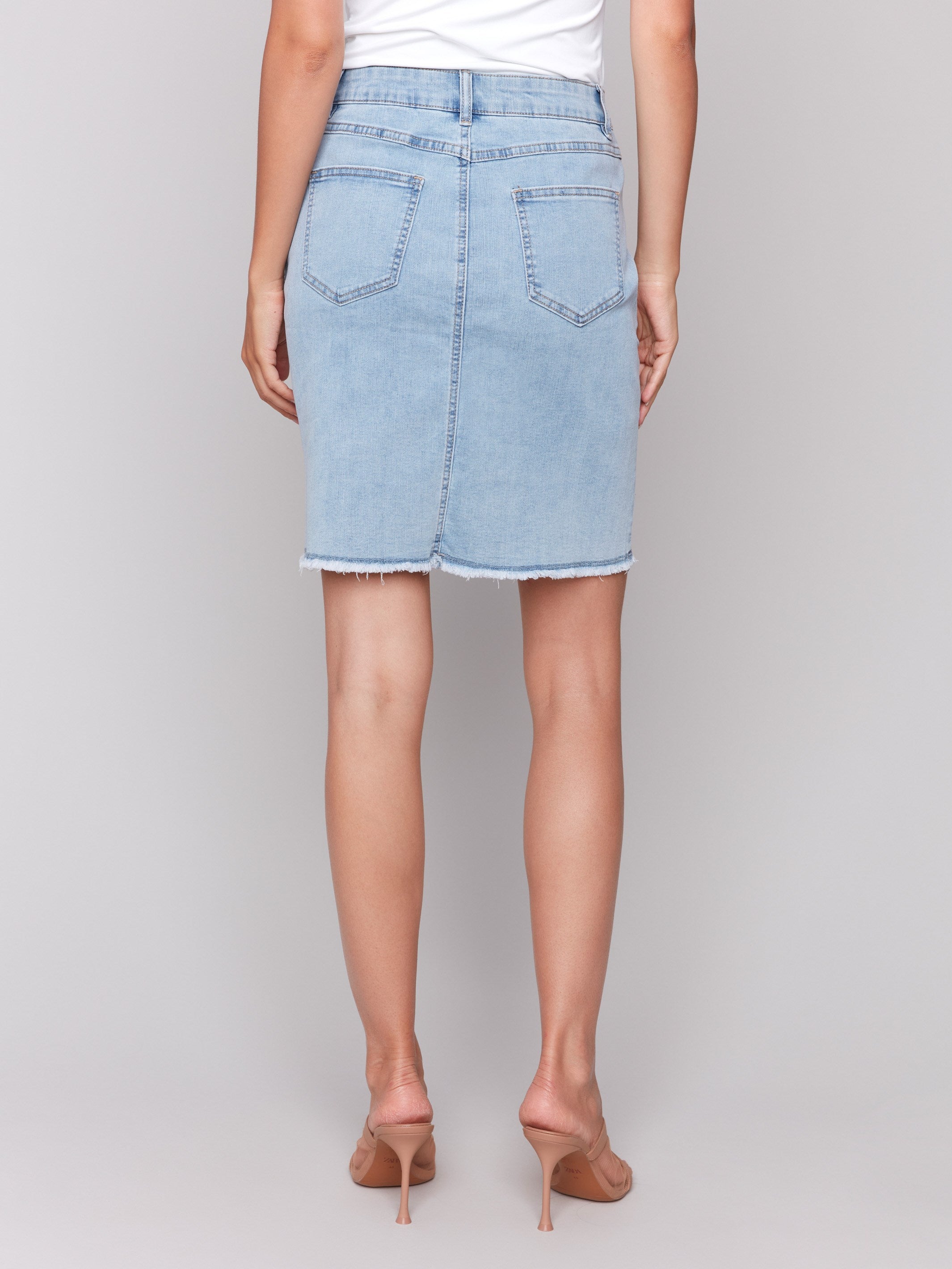 Stretch Denim Skort with Frayed Hem - Bleach Blue