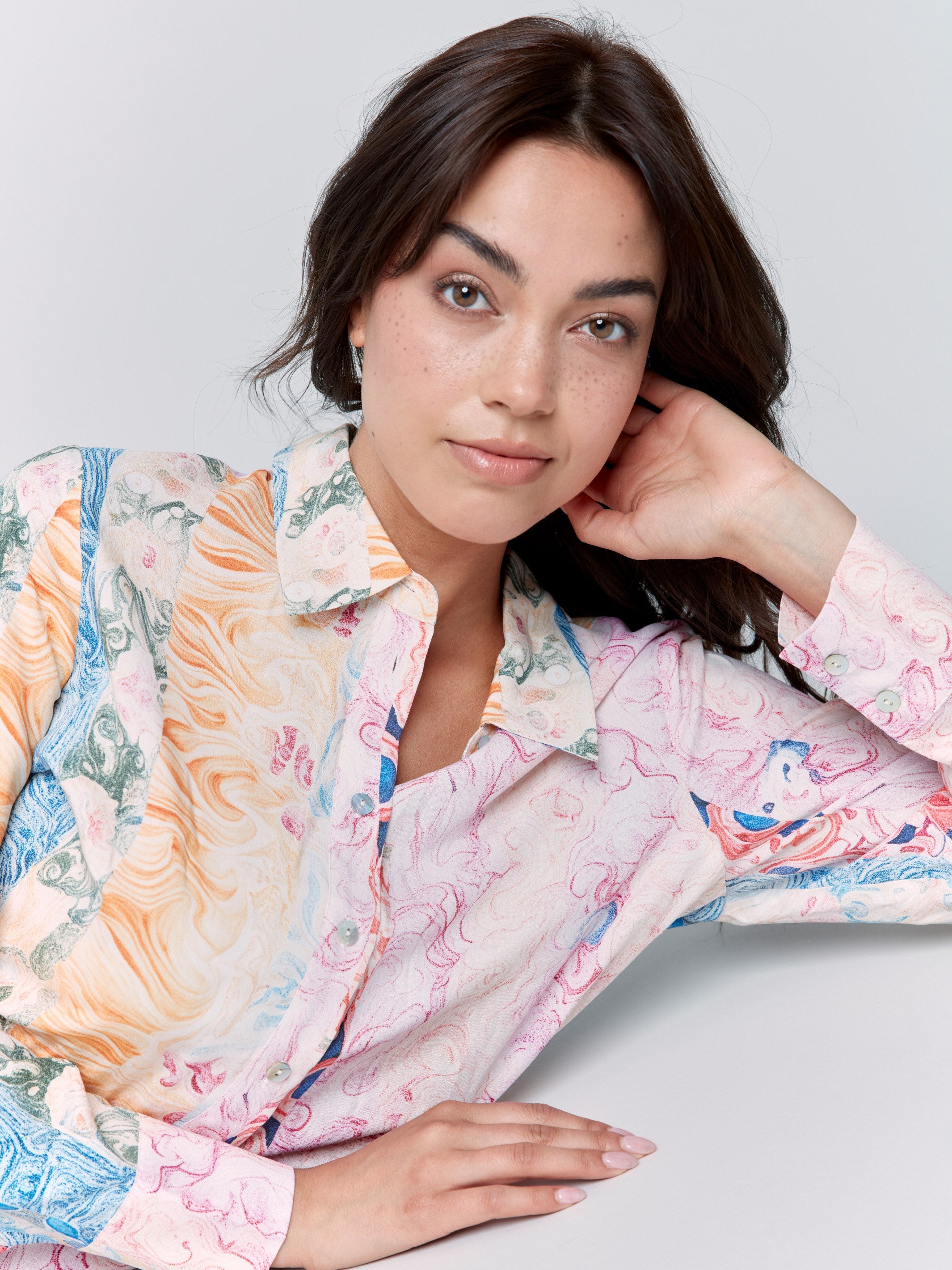Printed Long Sleeve Button-Up Blouse - Wallpaper