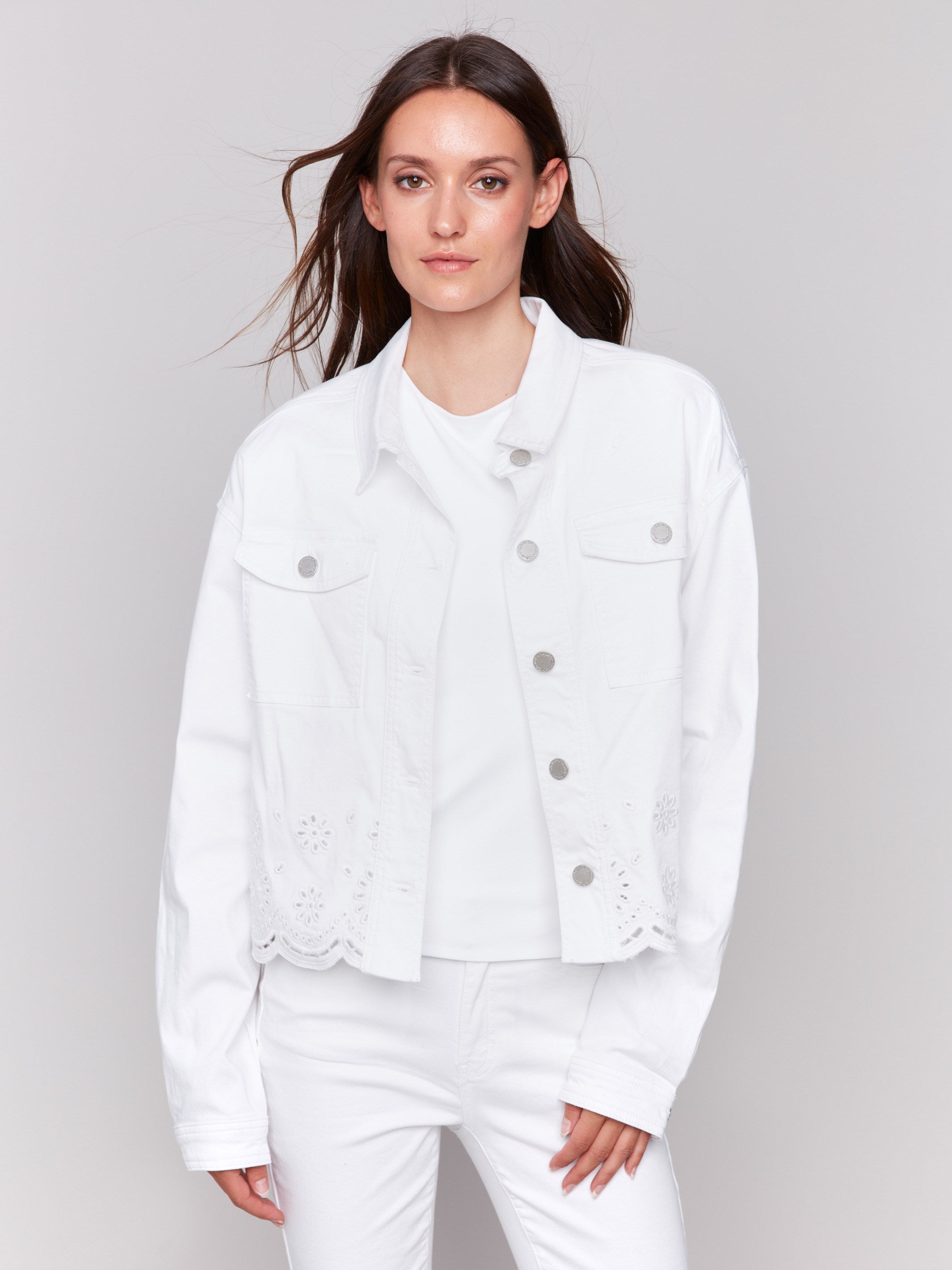 Twill Scalloped Eyelet Jacket - White