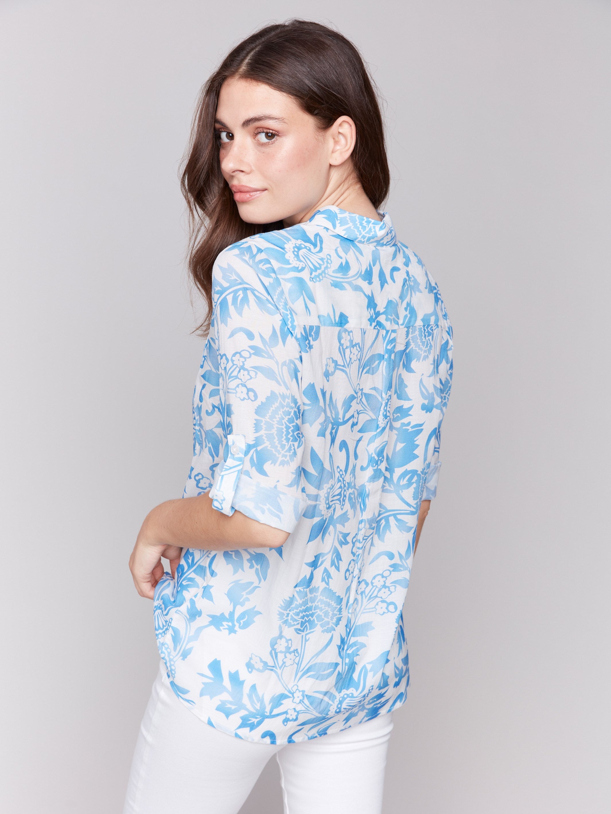 Printed Rayon Long Sleeve Shirt - Denim