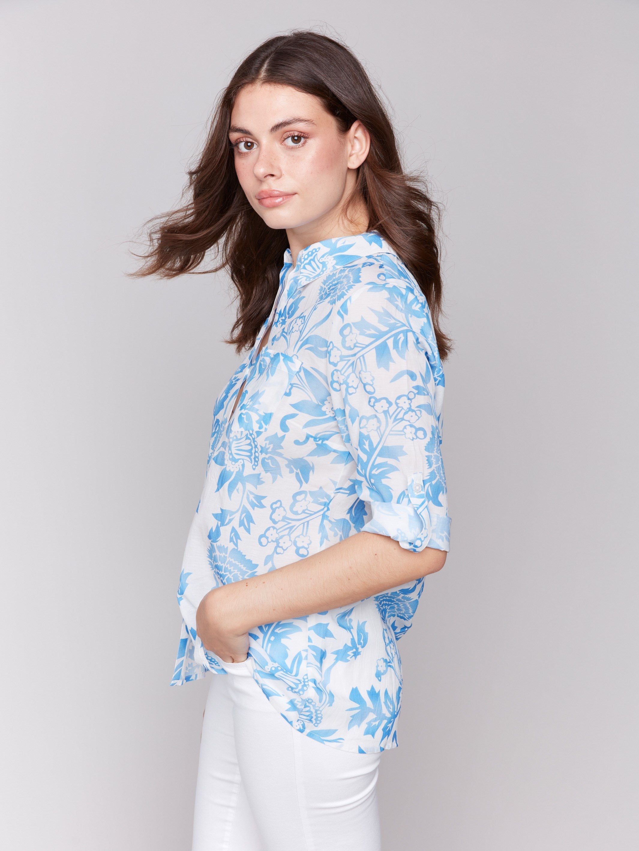 Printed Rayon Long Sleeve Shirt - Denim