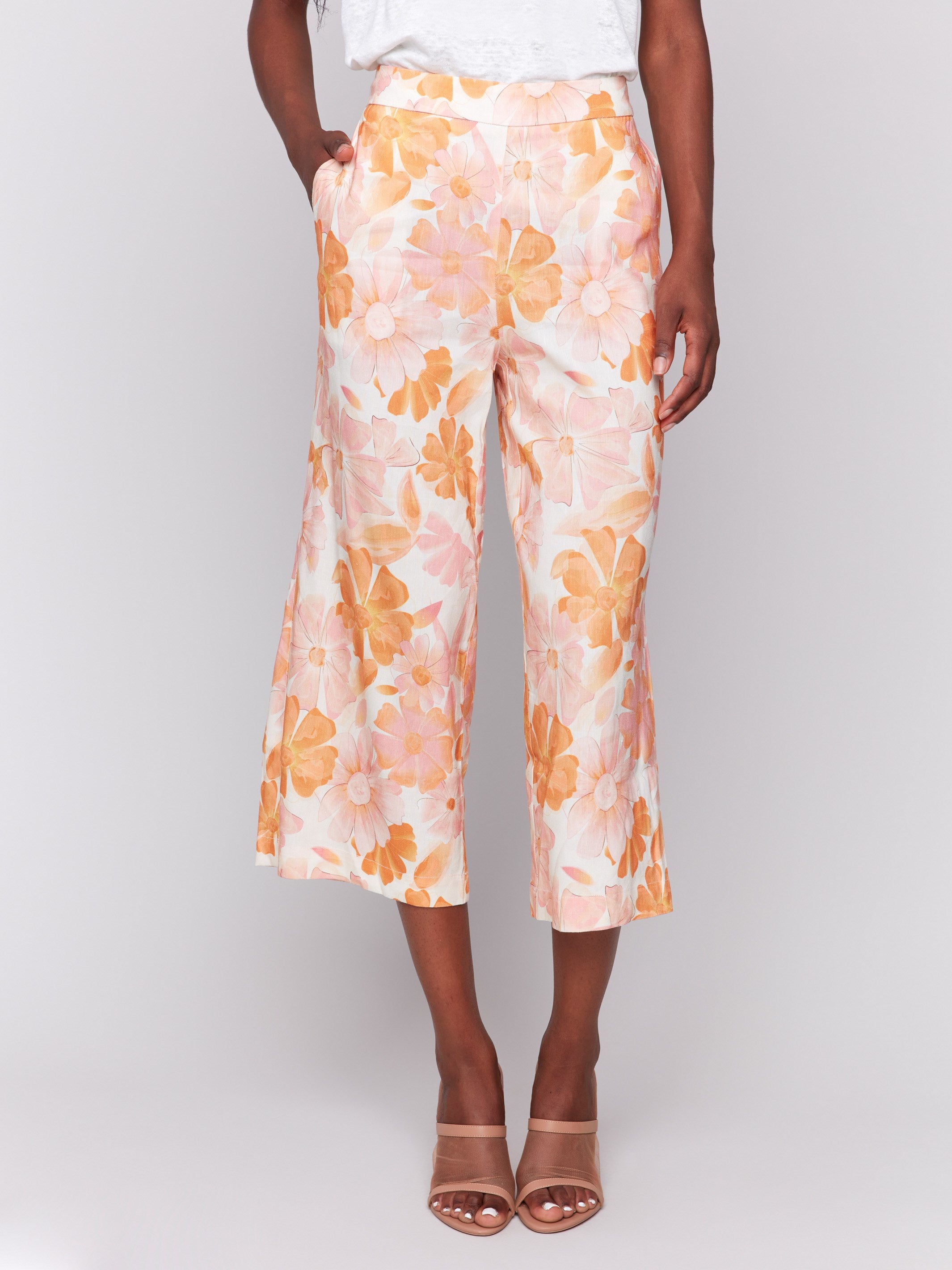 Printed Linen Blend Cropped Pull-On Pants - Blooming