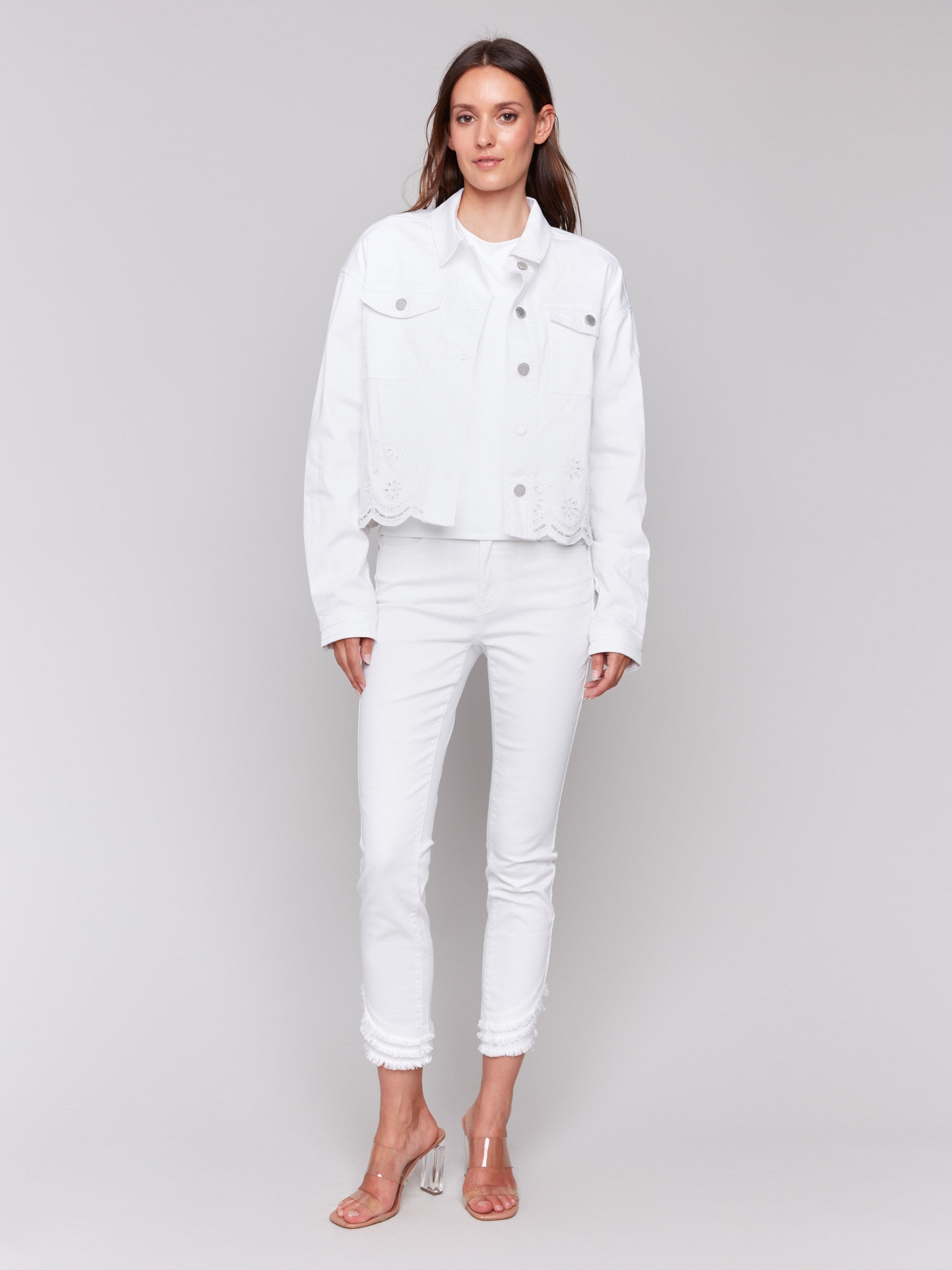 Twill Scalloped Eyelet Jacket - White