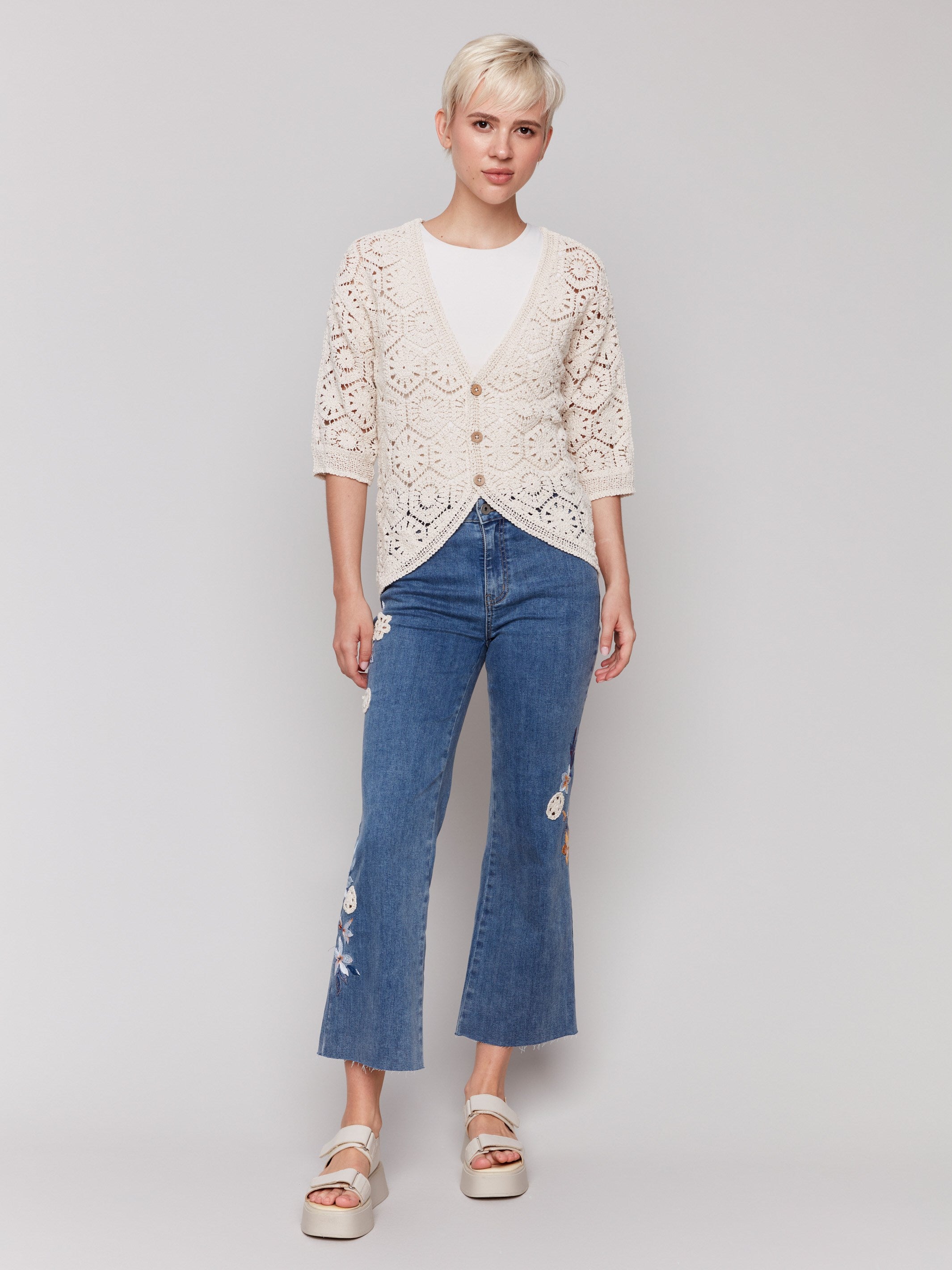 3/4 Sleeve Crochet Cardigan - Natural