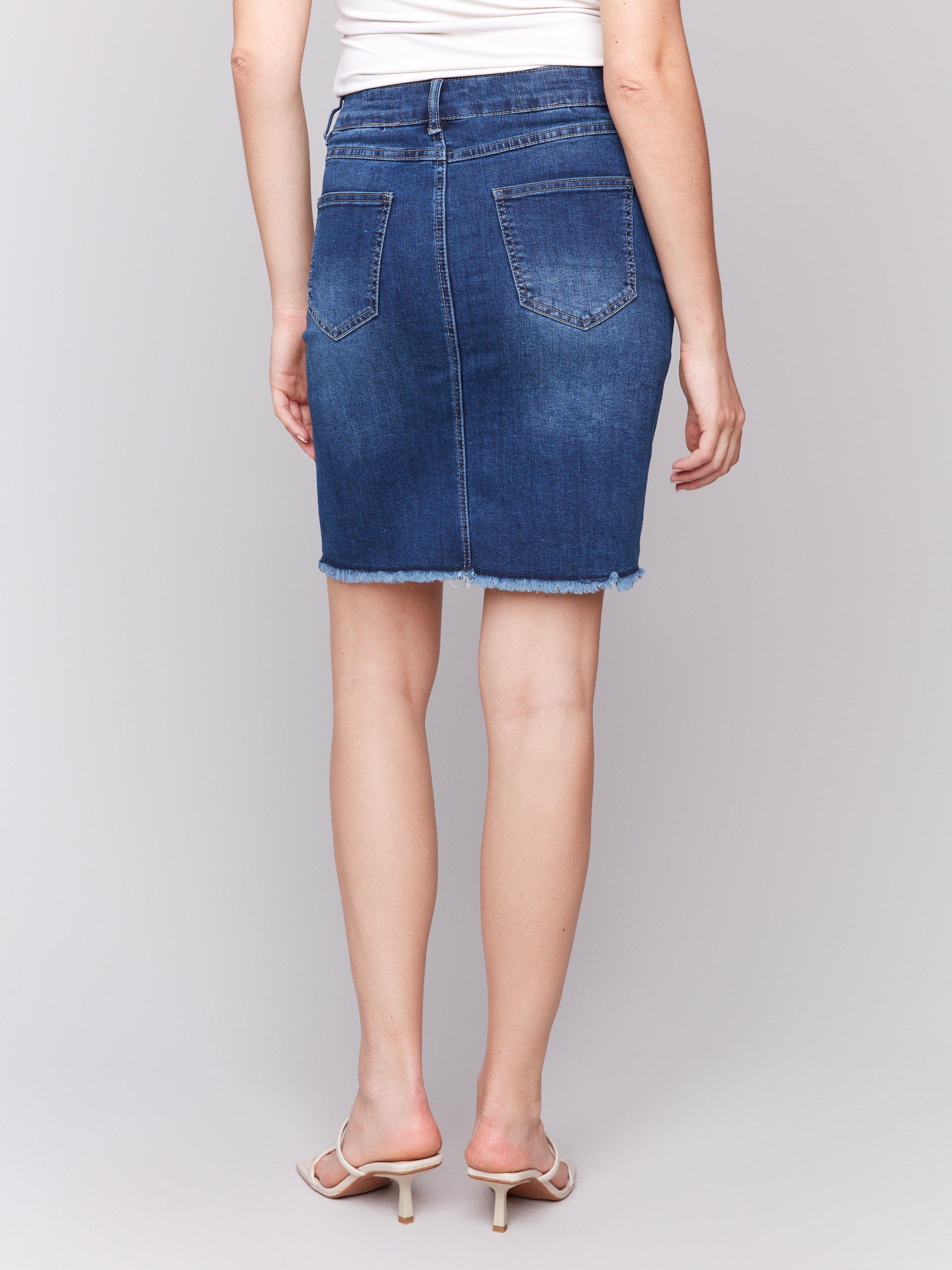 Stretch Denim Skort with Frayed Hem - Indigo