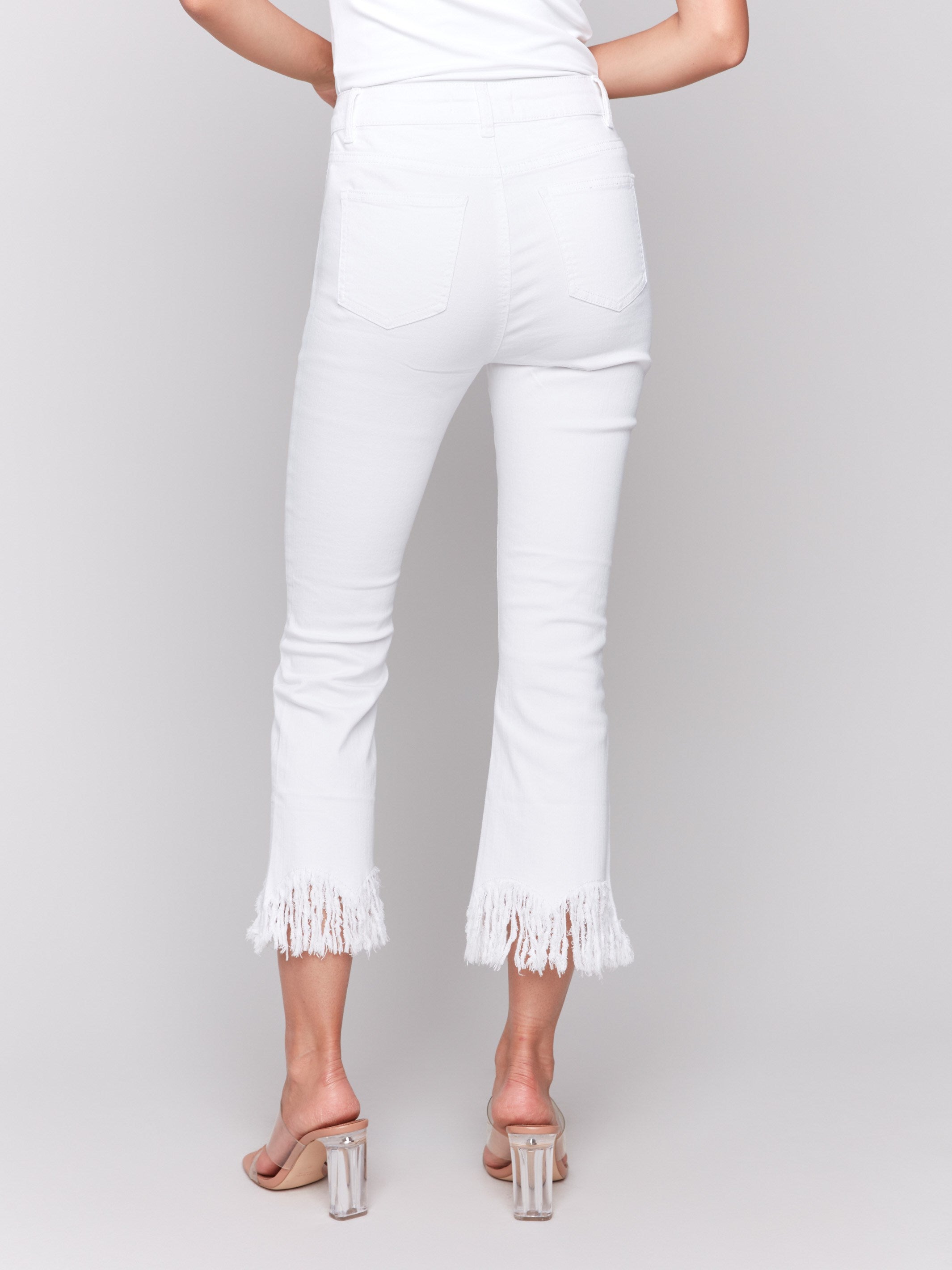 Cropped Jeans With Fringed Hem - White