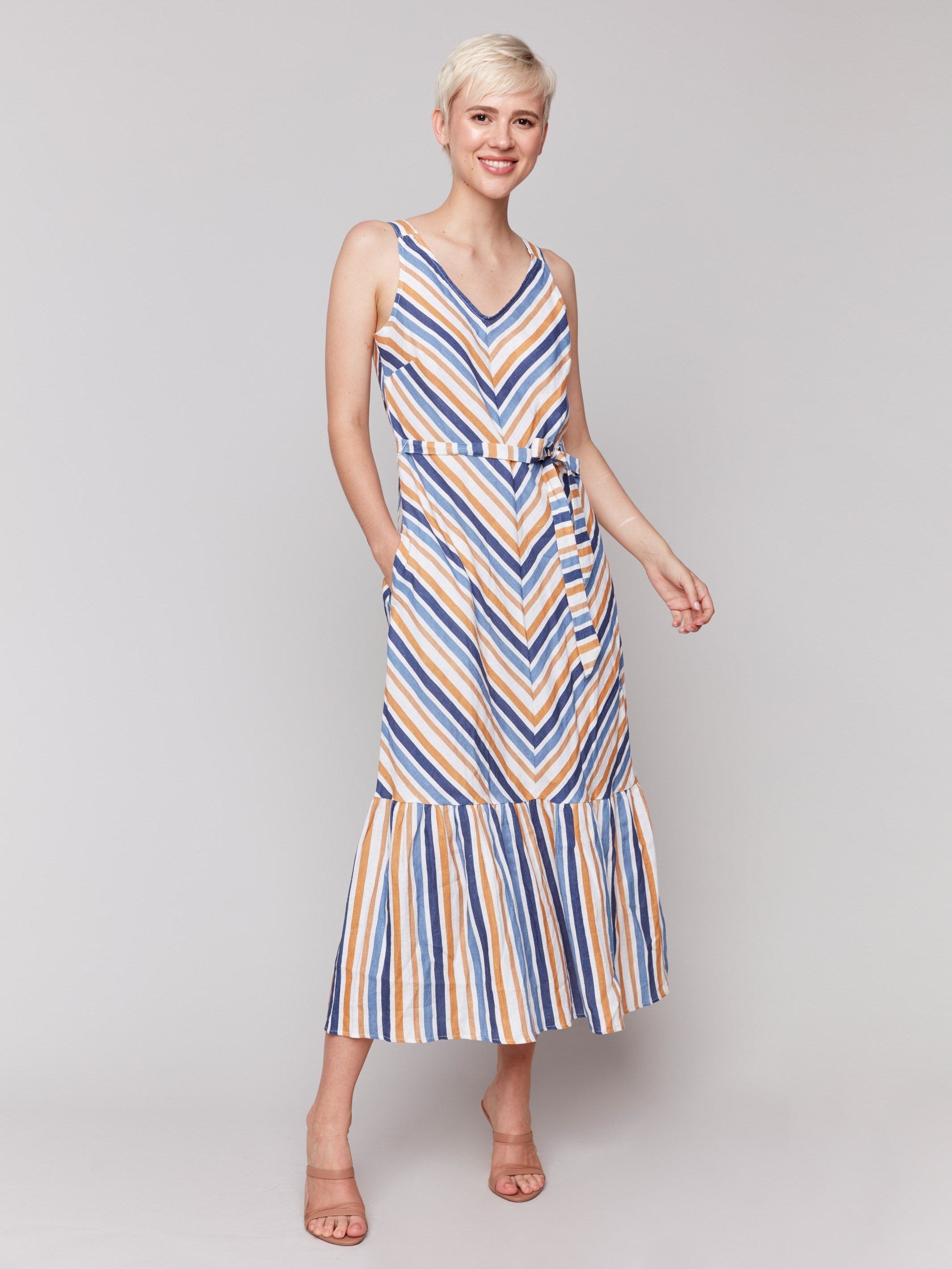 Striped Linen Blend Maxi Dress with Sash - Denim